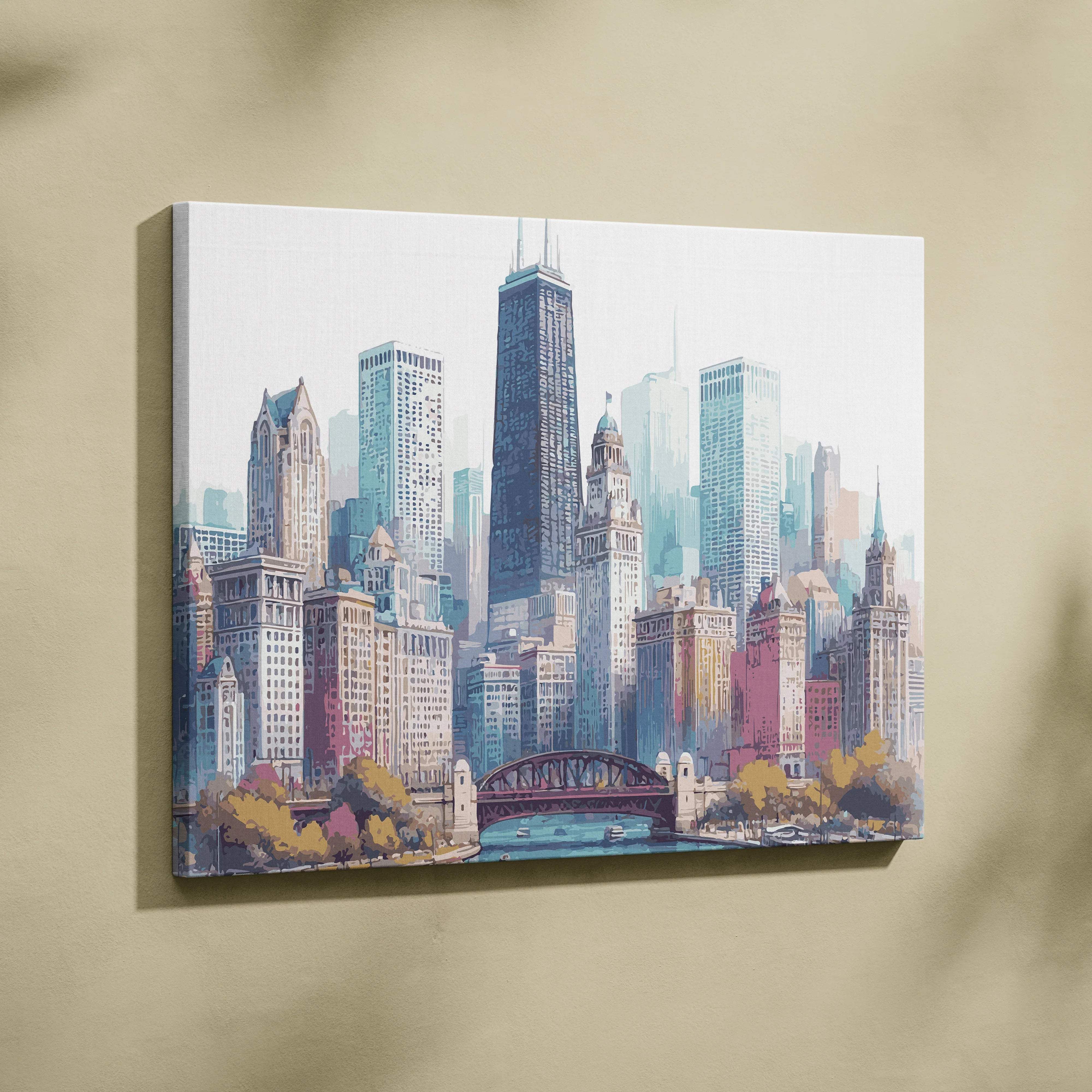 Watercolor Chicago skyline canvas art with river, bridge in pastel tones