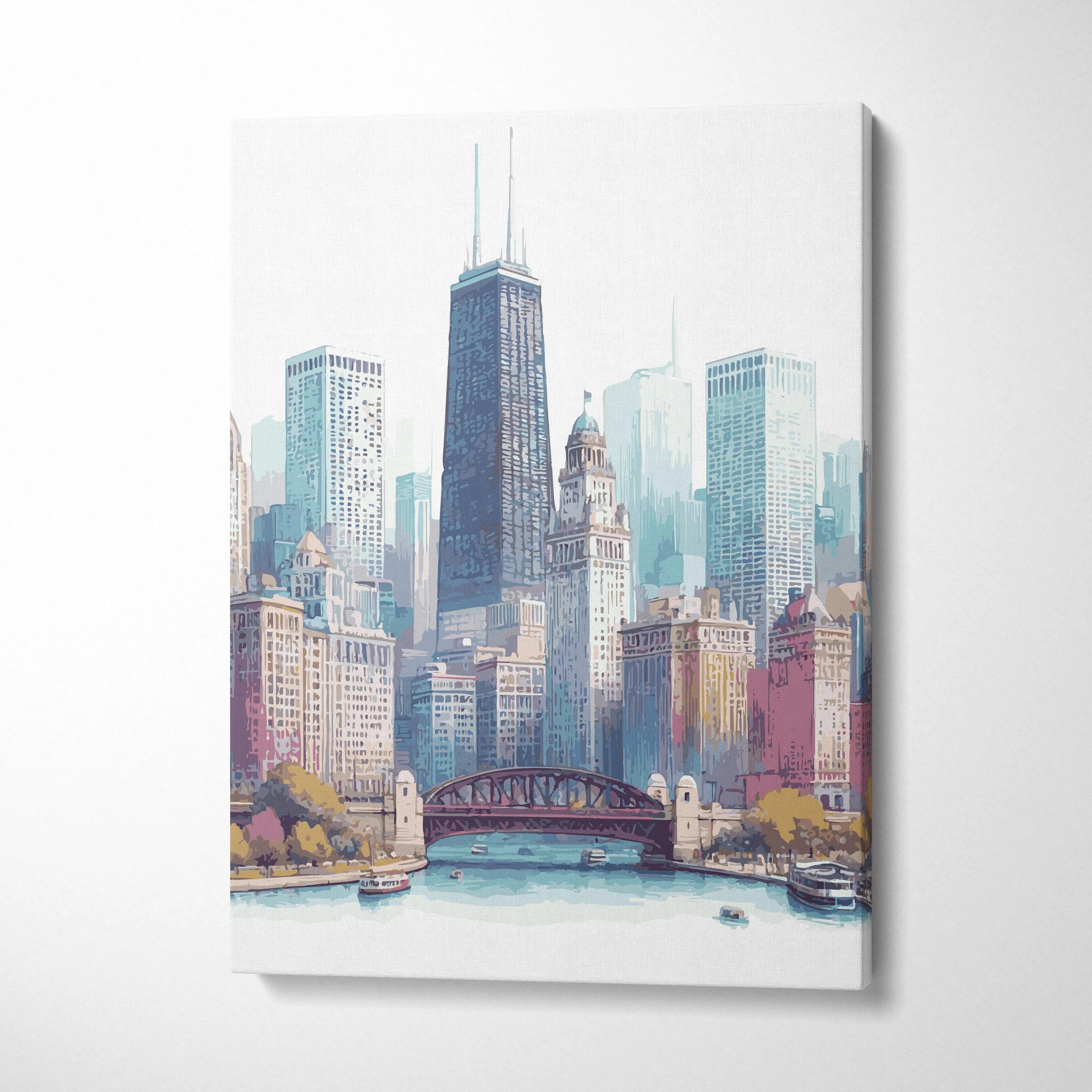 Watercolor Chicago skyline canvas art with river, bridge in teal pastels