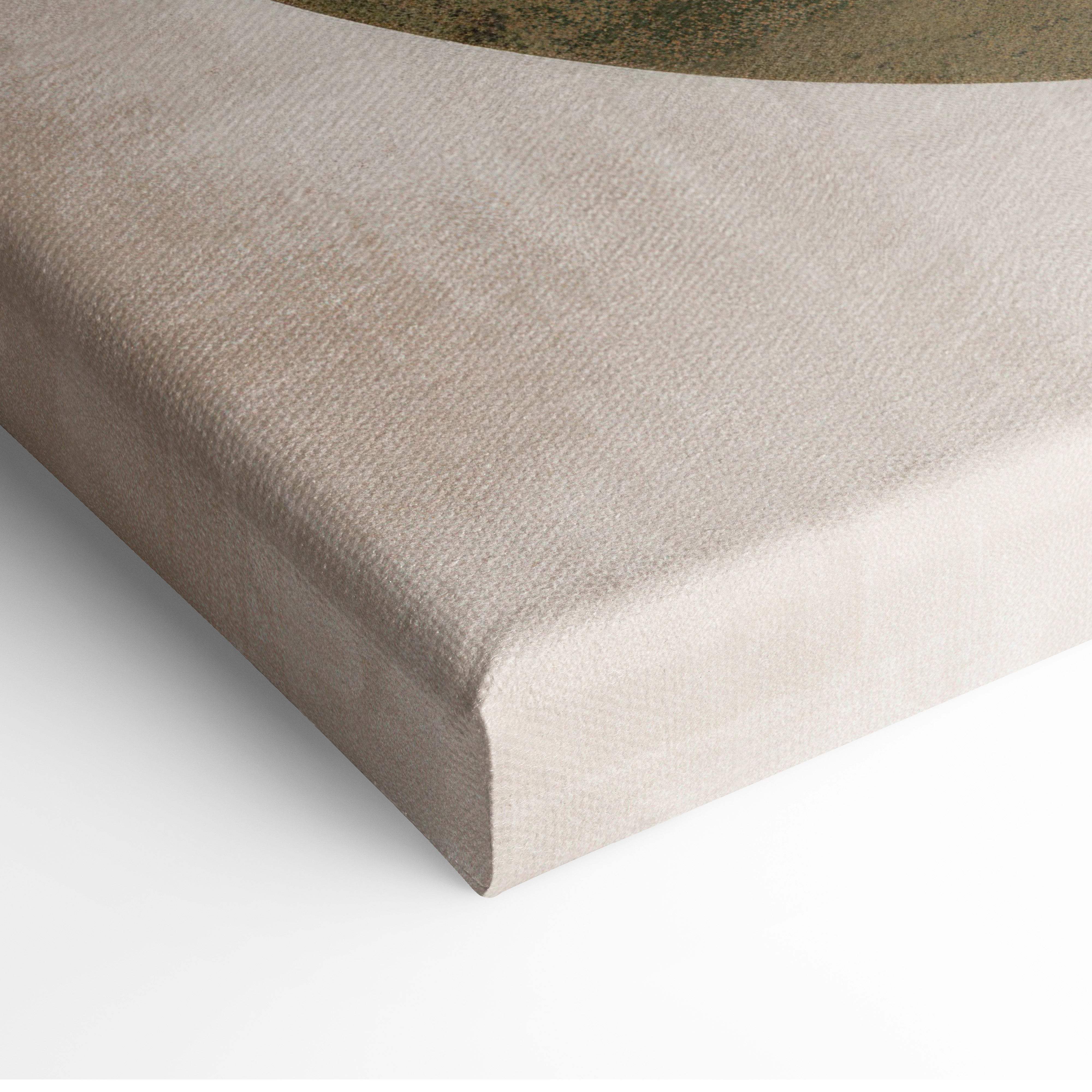 Beige canvas wall art with textured fabric surface and subtle golden circle in neutral earth tone boho geometric design