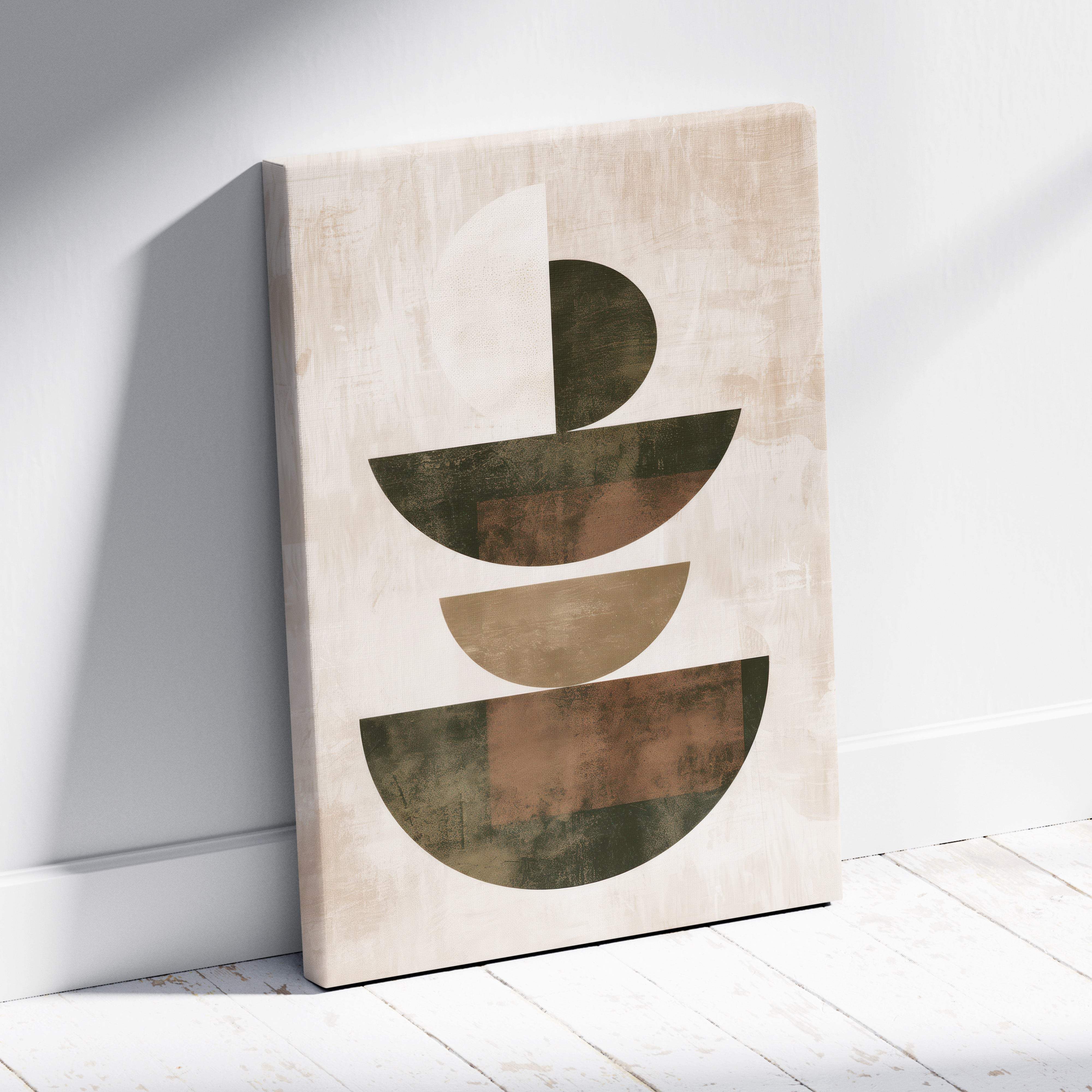 Beige canvas wall art with abstract geometric shapes in olive green and warm brown for boho minimalist decor