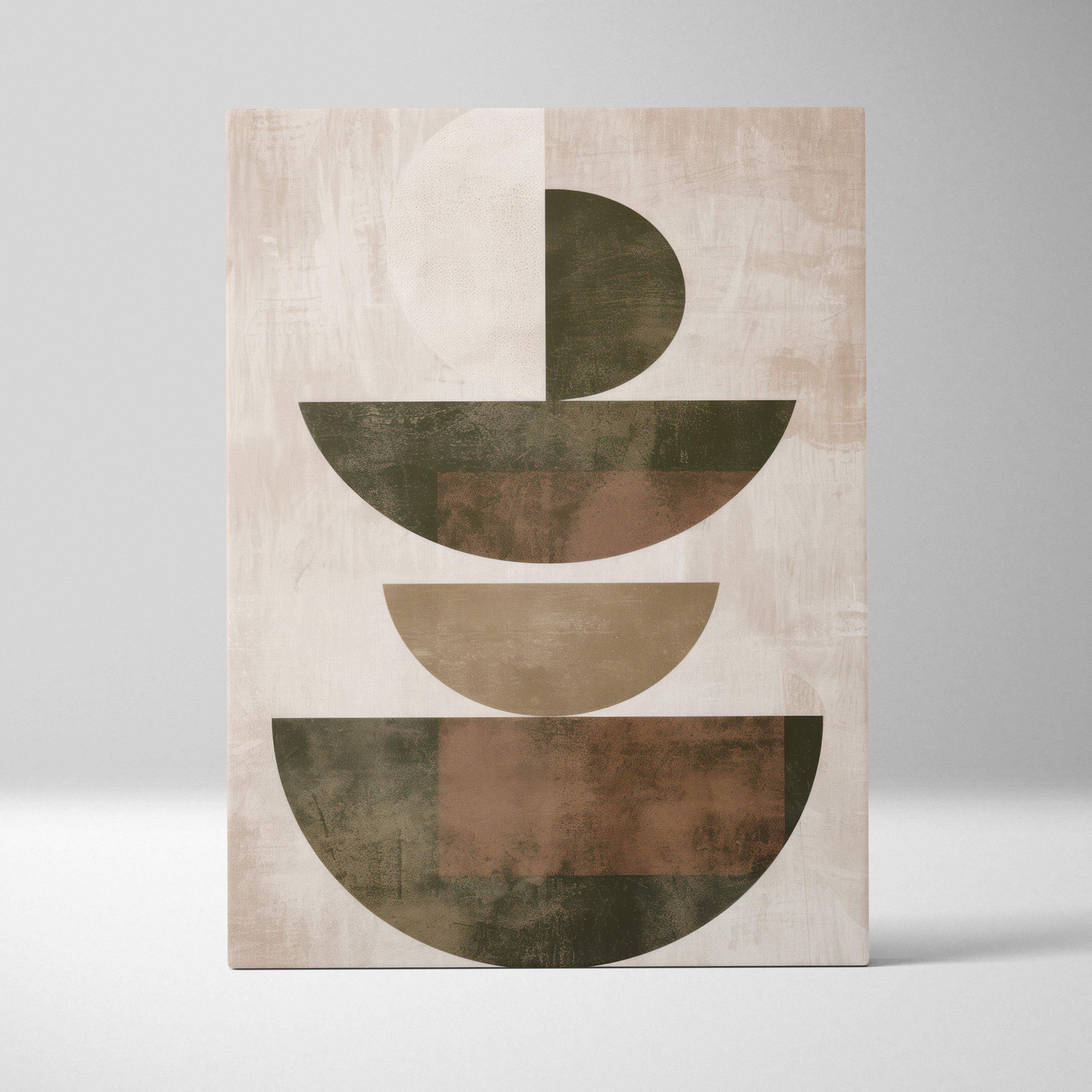 Boho geometric balance canvas wall art with layered semi-circular shapes in olive green taupe and muted brown on beige