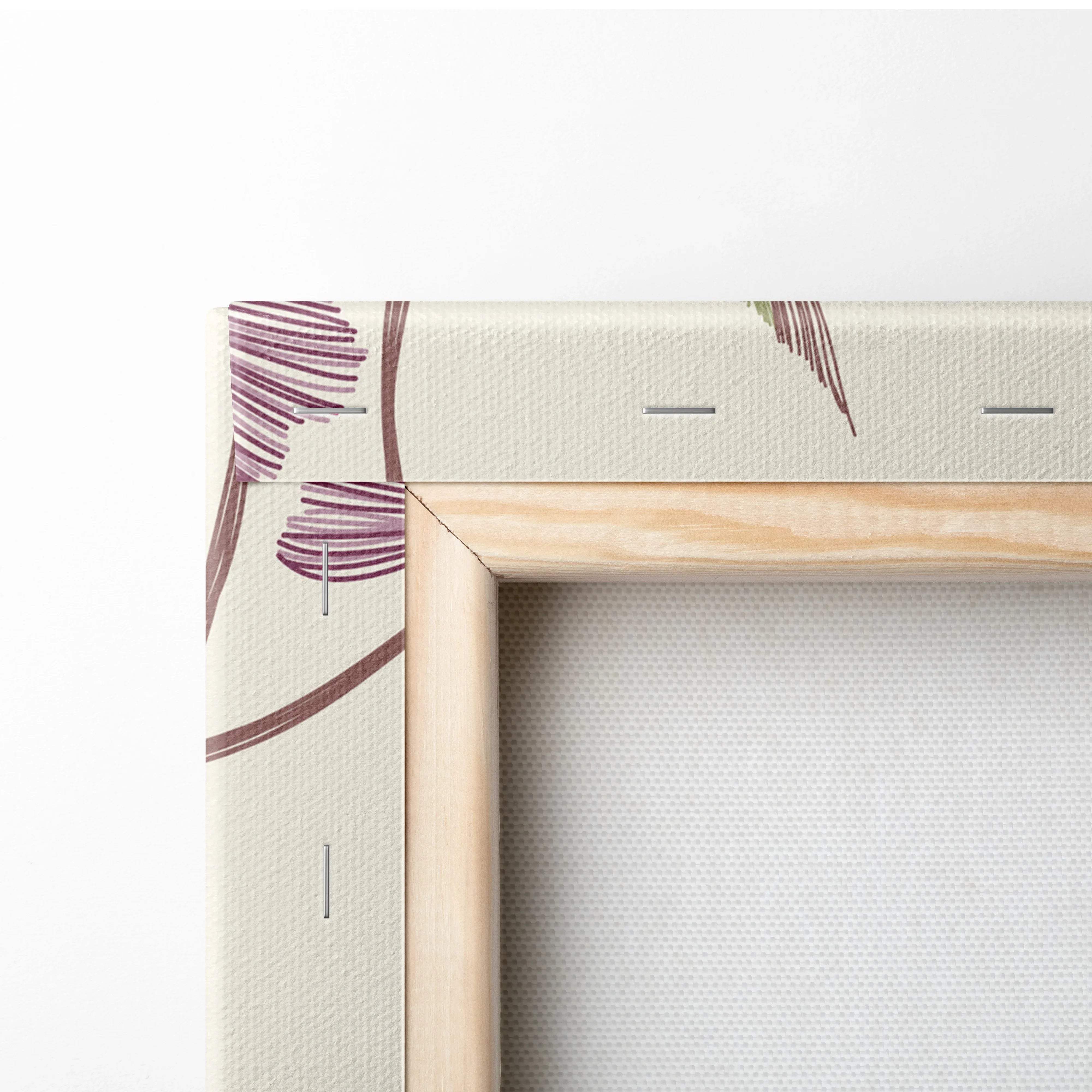 Light wood-framed canvas with purple wildflowers, green leaves, beige background