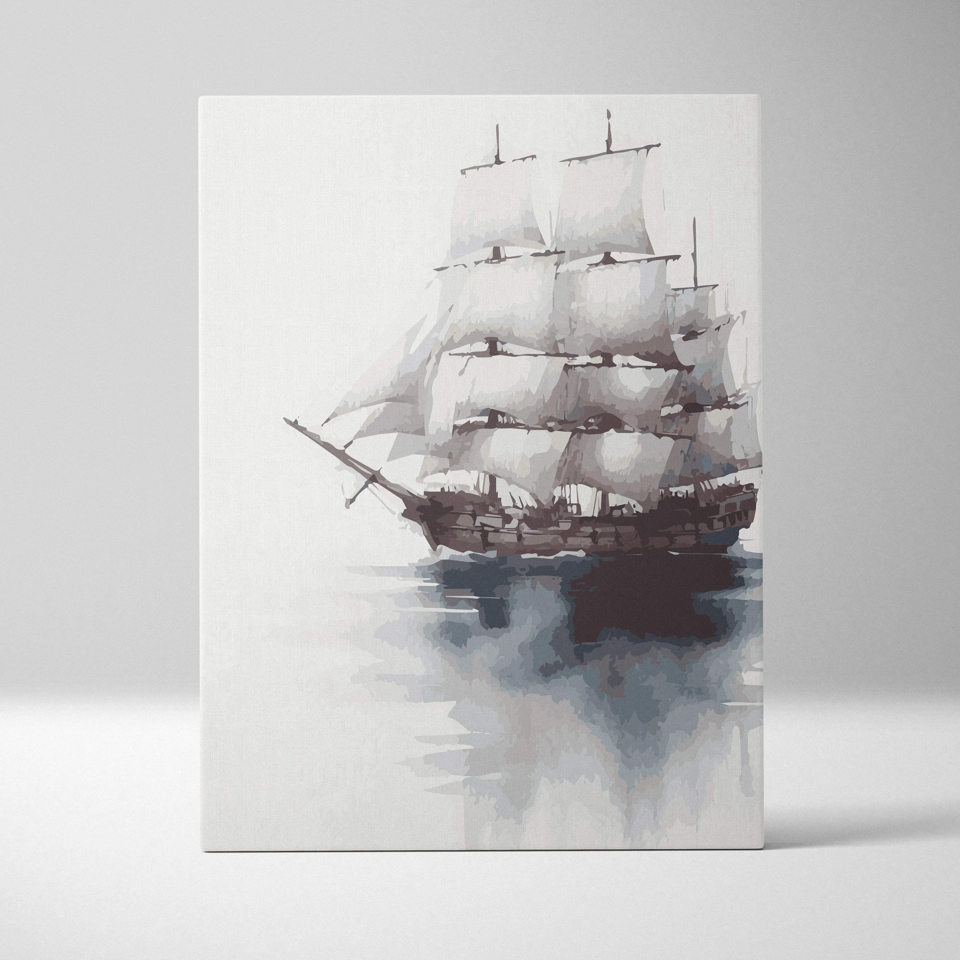 Minimalist watercolor tall ship canvas art in gray navy blue tones