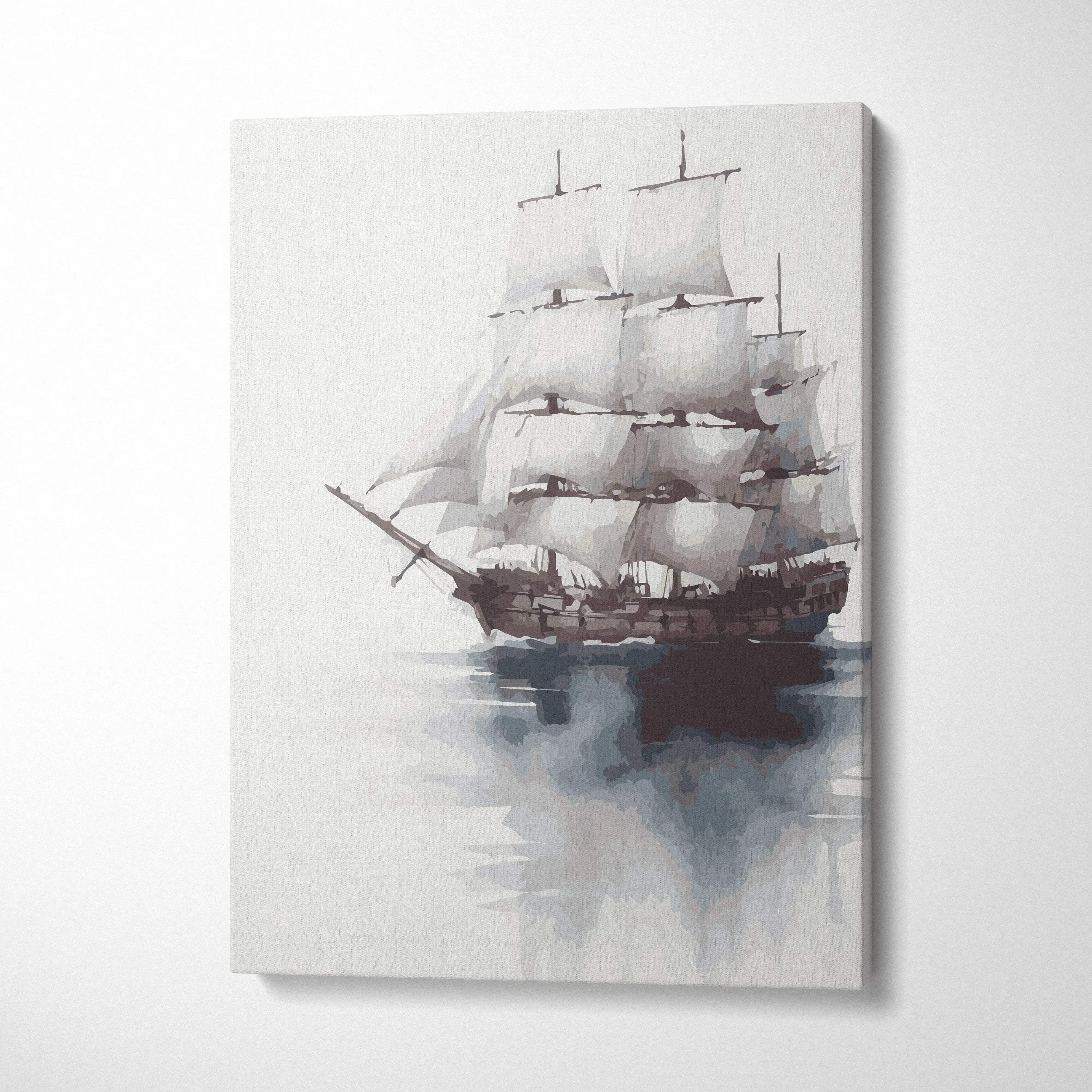 Minimalist watercolor tall ship canvas print in gray navy blue tones