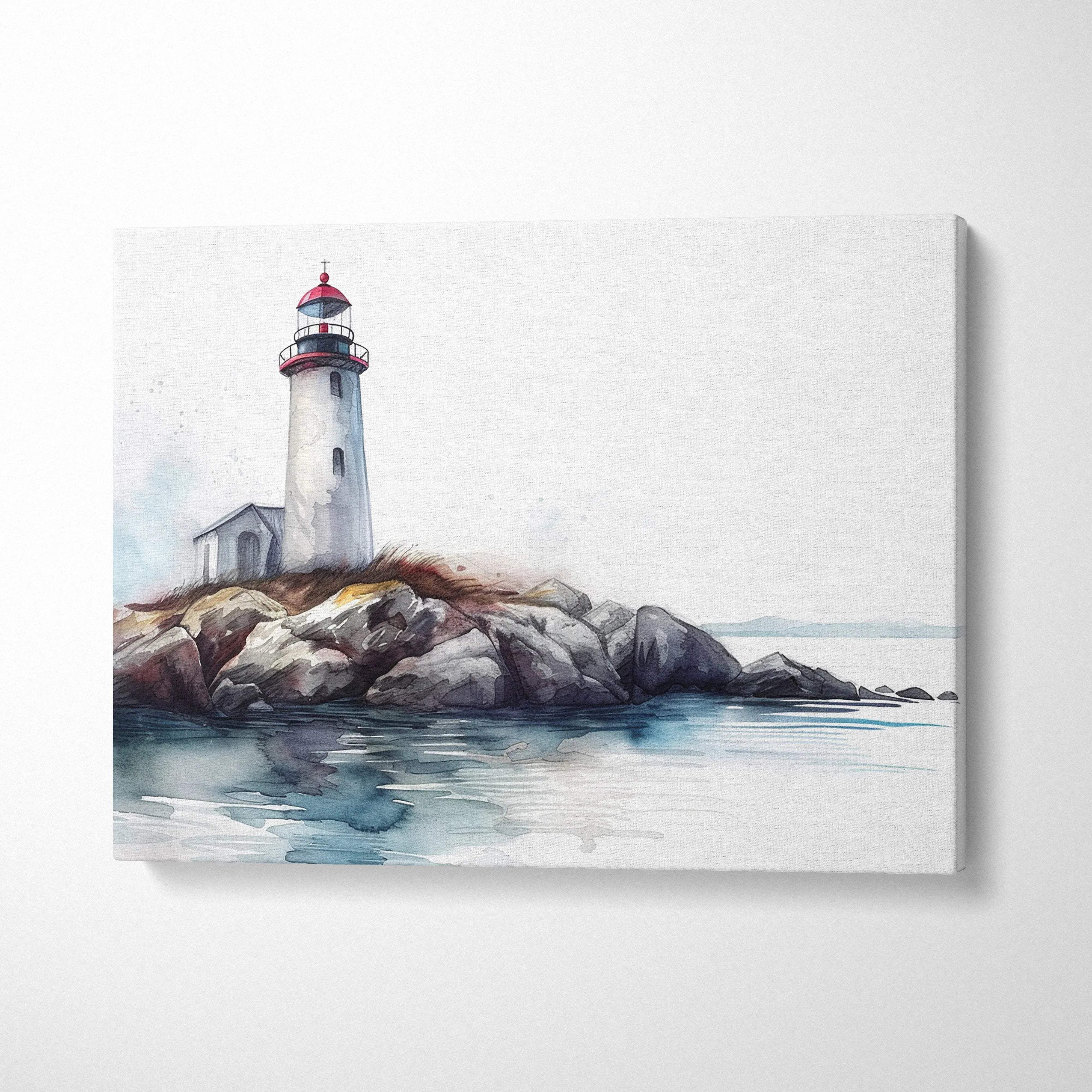 Watercolor canvas print of white lighthouse with red accents on rocky shore