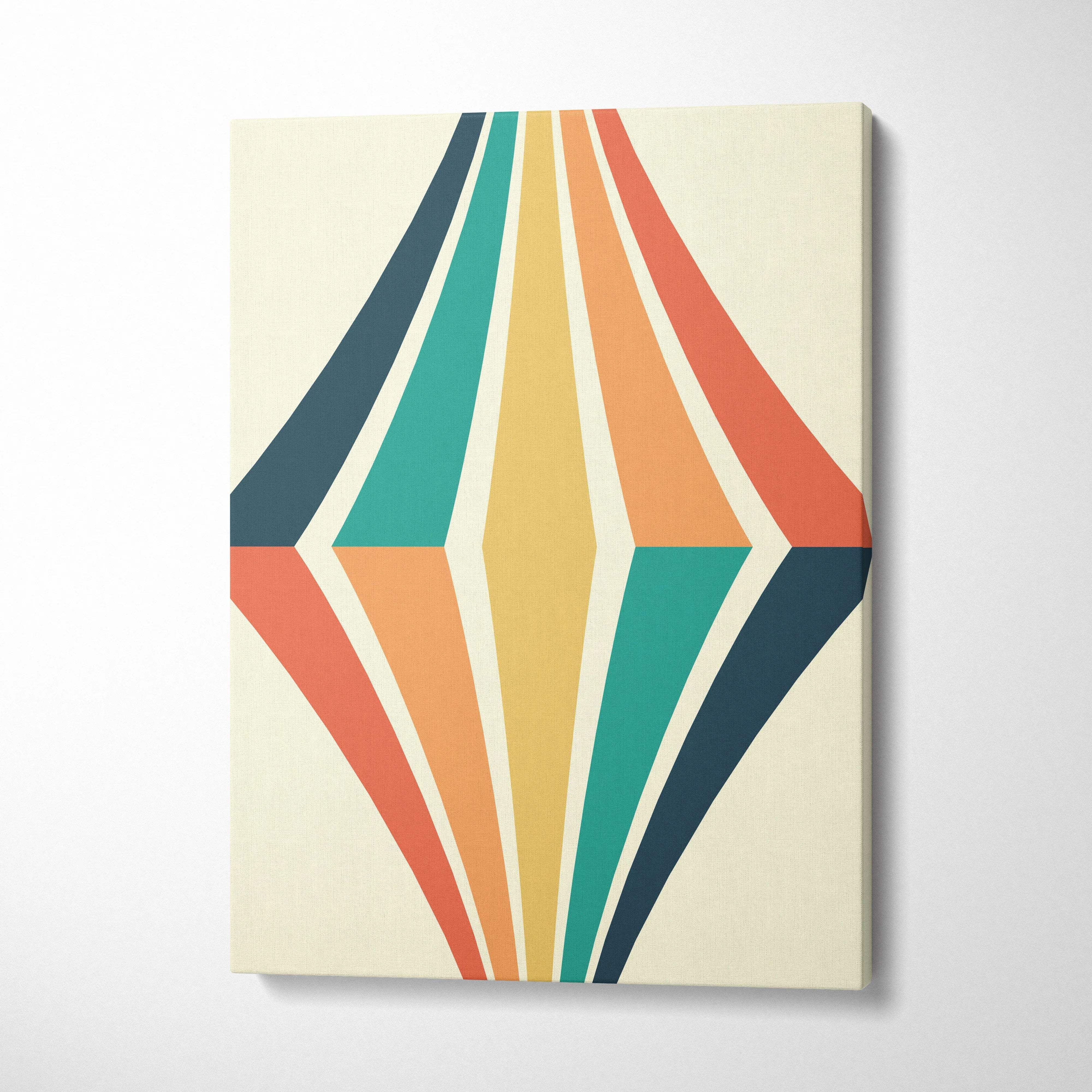 Retro geometric diamond wall art with curved teal orange mustard stripes