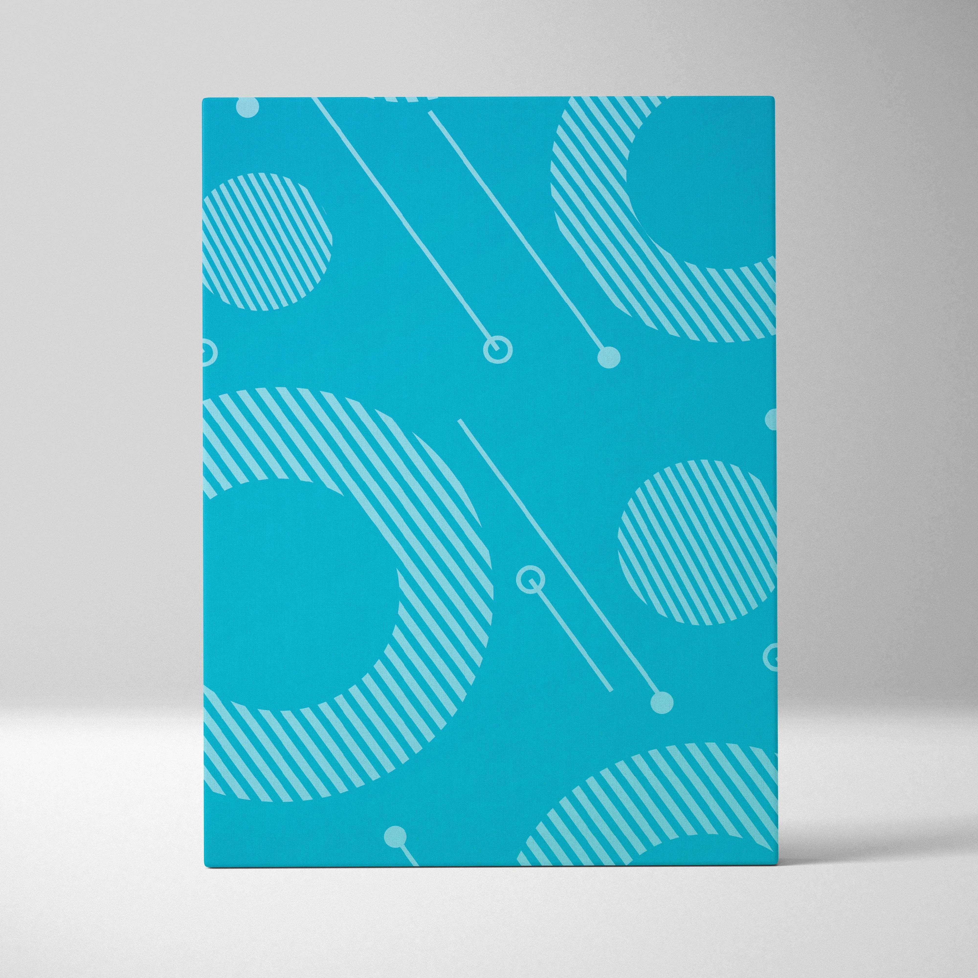 Vibrant teal abstract geometric canvas wall art with light blue circles, stripes and diagonal lines