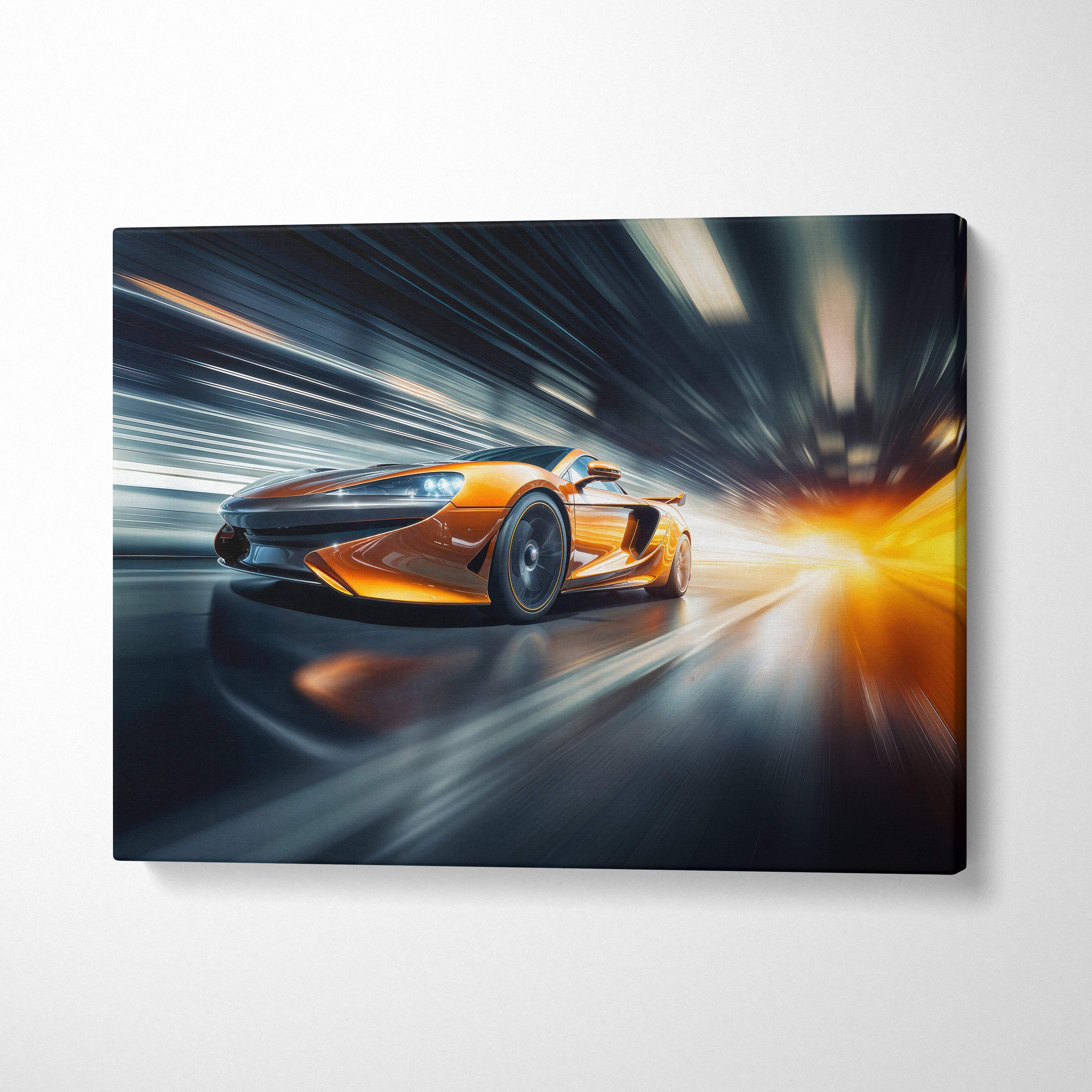 Vibrant orange mclaren sports car in dynamic motion on canvas print high-speed supercar wall decor