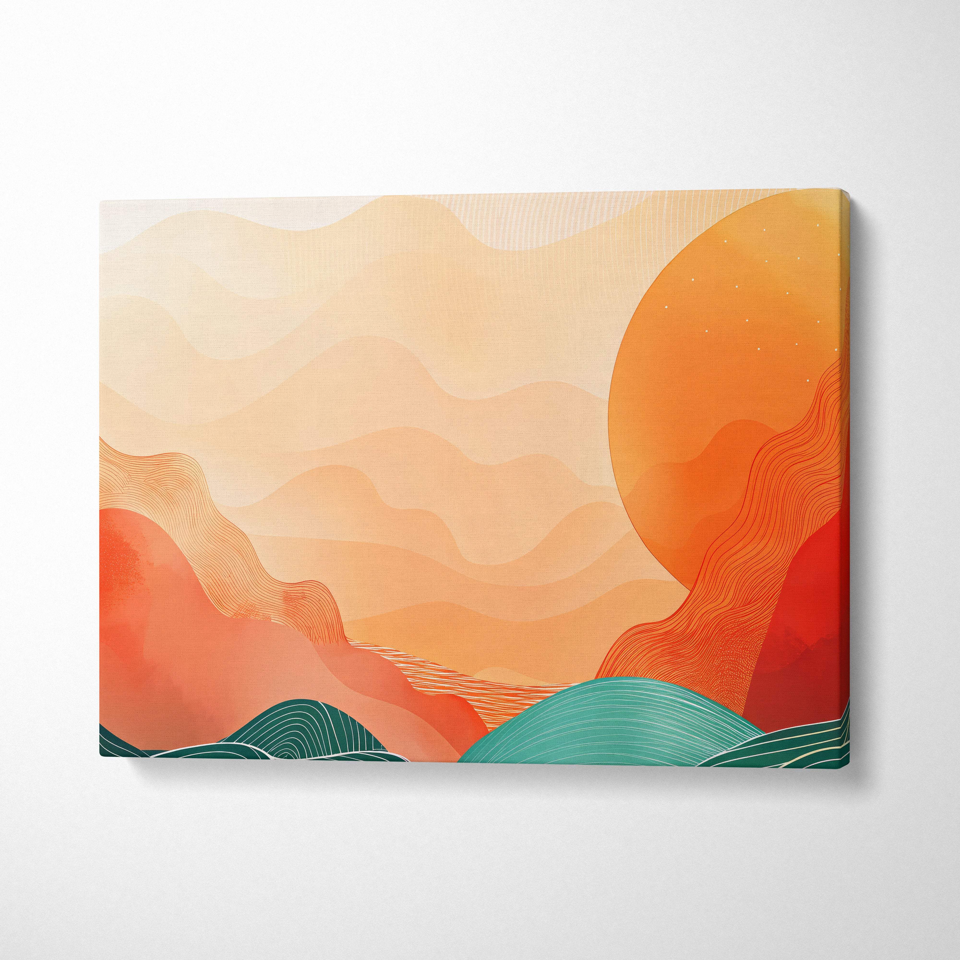 A modern abstract mountain sunset canvas wall art with layered orange red and teal wavy landscapes for living room decor