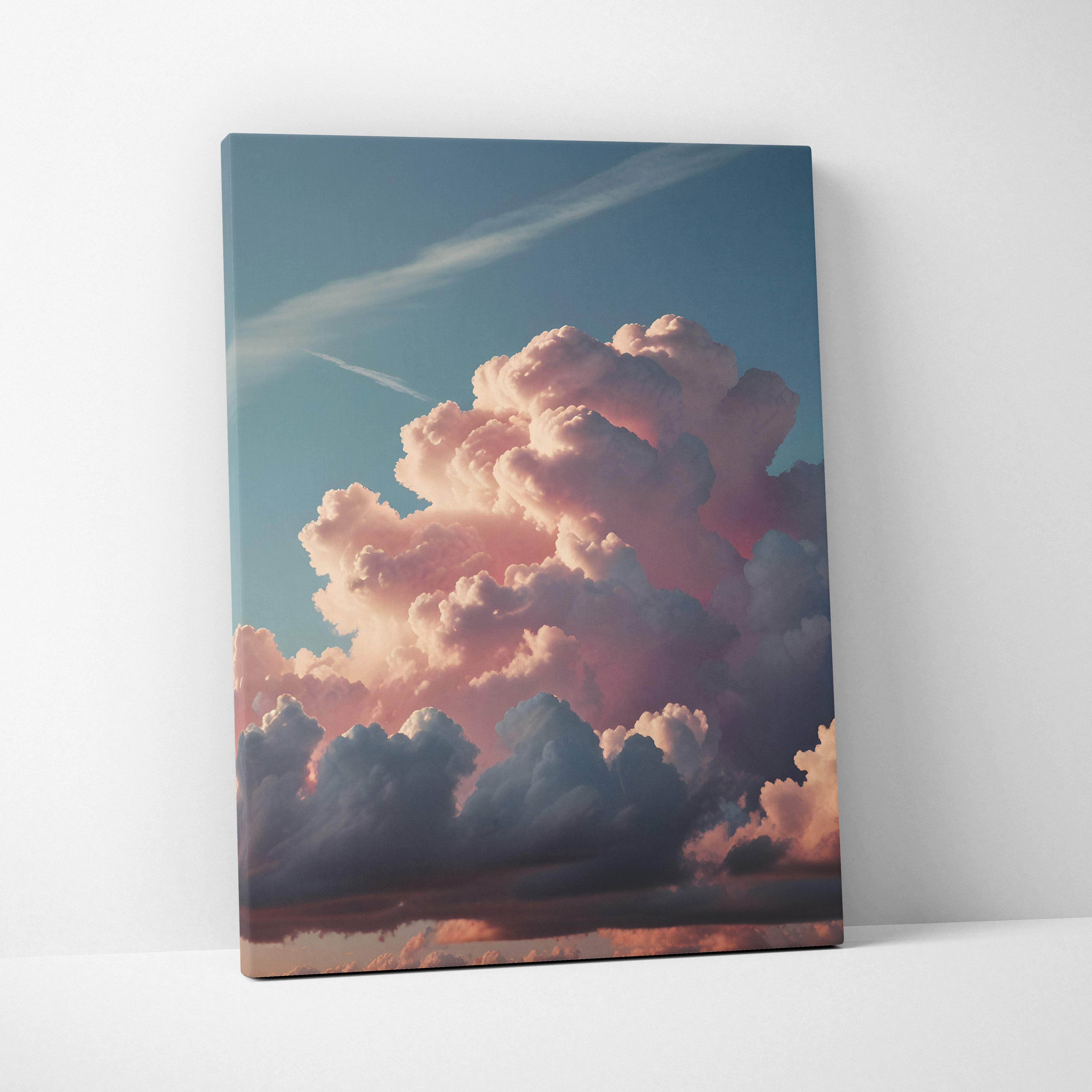 Rectangular canvas print of towering pink cumulonimbus clouds at sunset in soft pastel hues of purple and blue