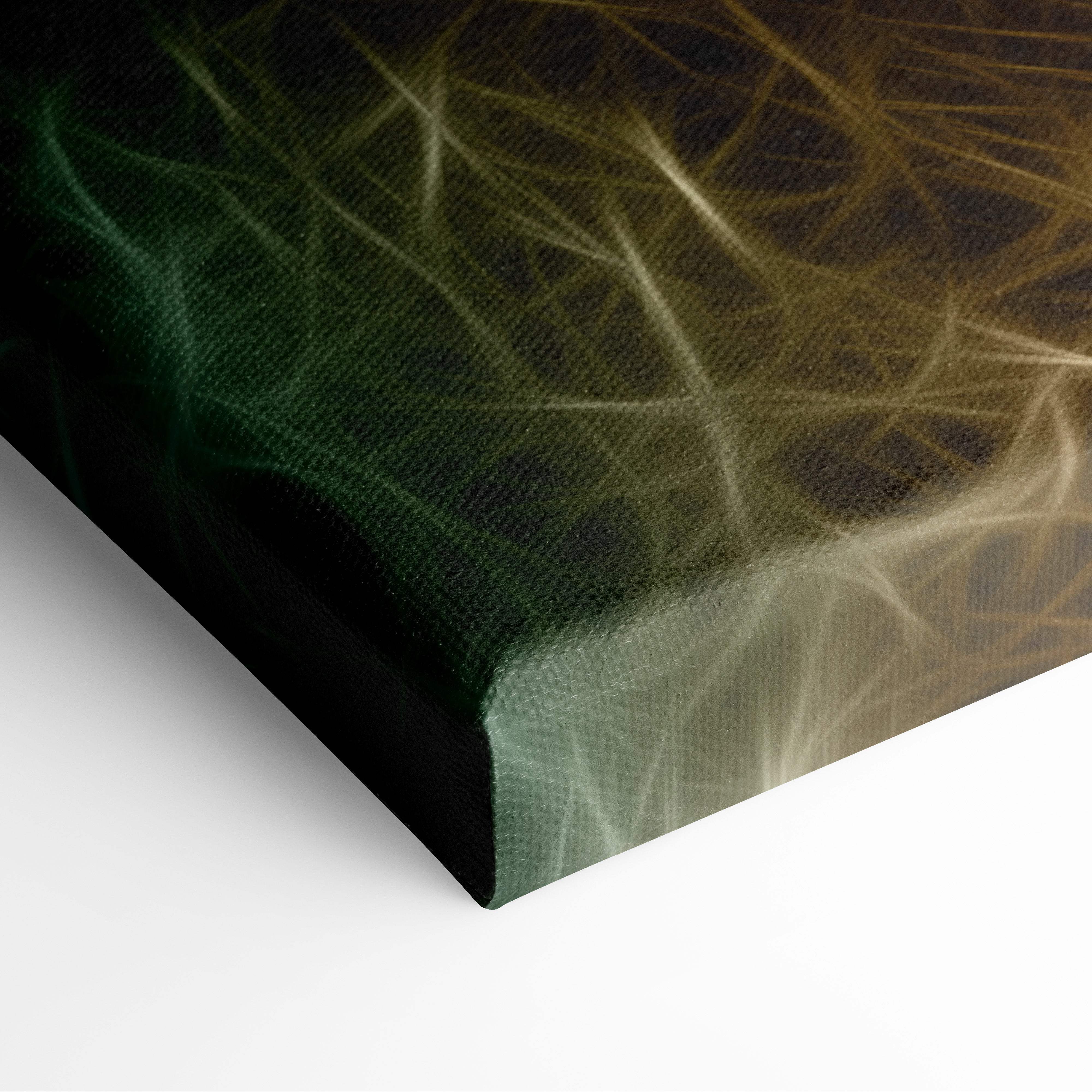 Neon lion canvas wall art print with abstract deep green to golden brown gradient and white line patterns for modern decor