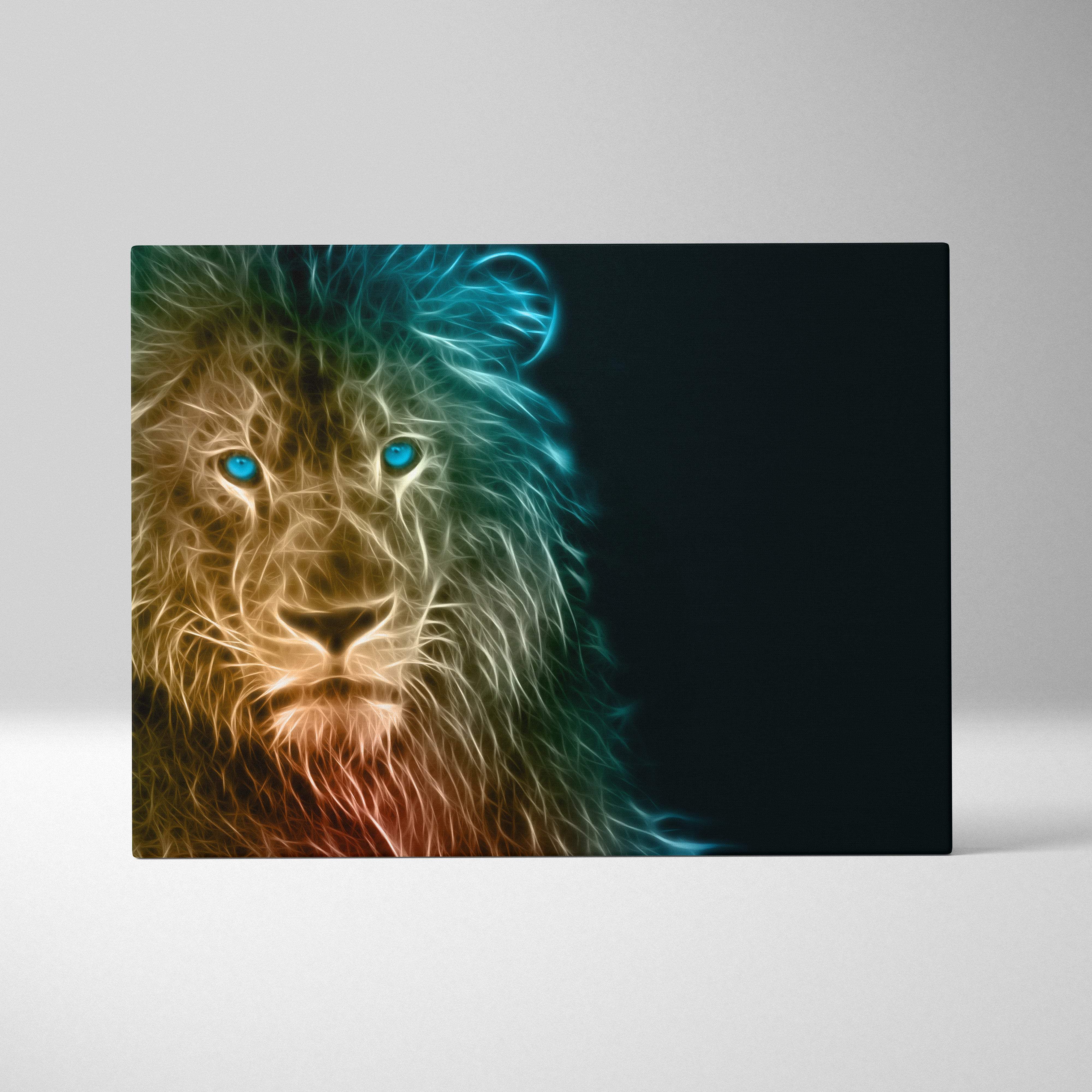 Neon lion canvas wall art print with glowing blue eyes and fiery gold orange teal fur for modern masculine decor