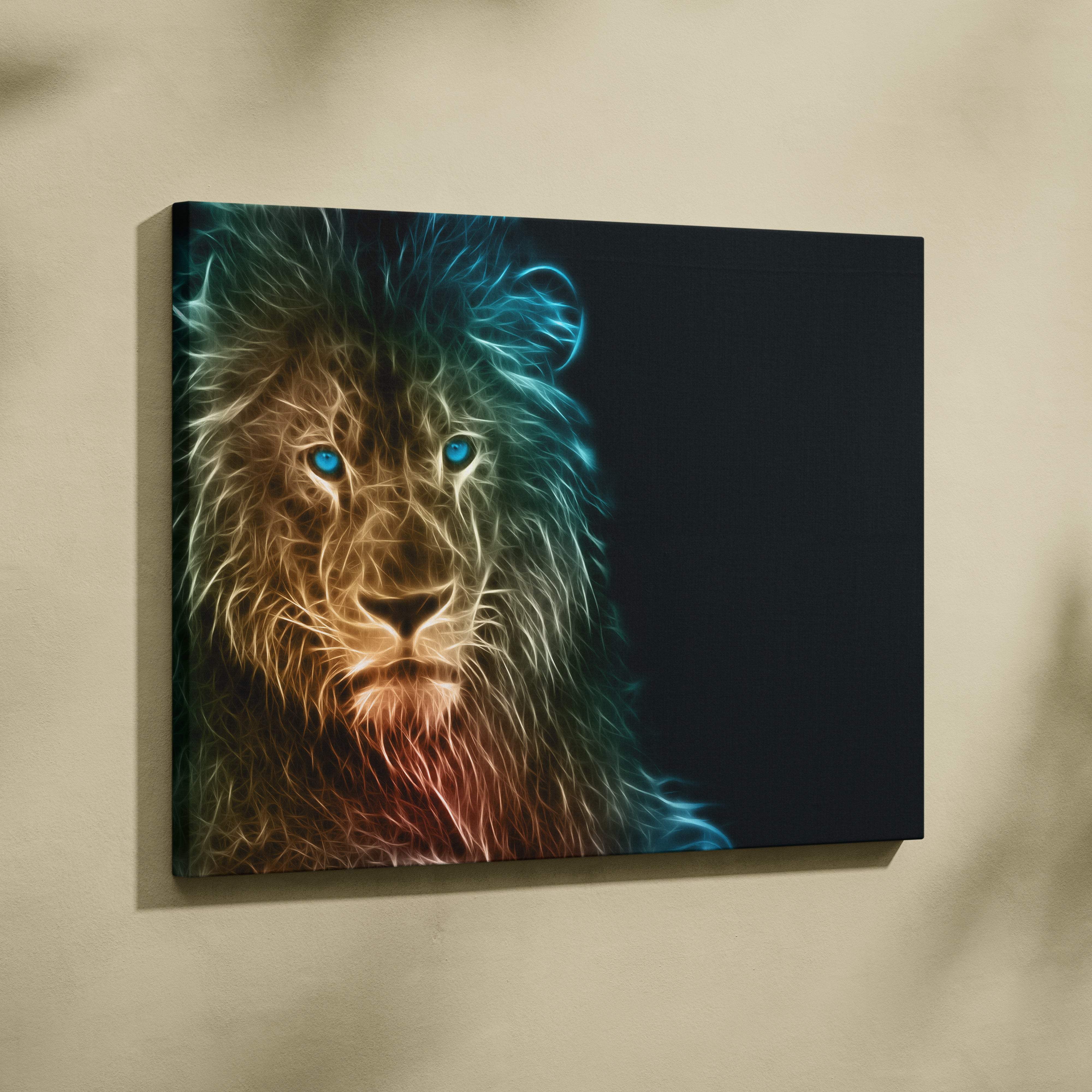 Neon lion canvas wall art print featuring a vibrant stylized lion with glowing blue eyes and fiery electric mane