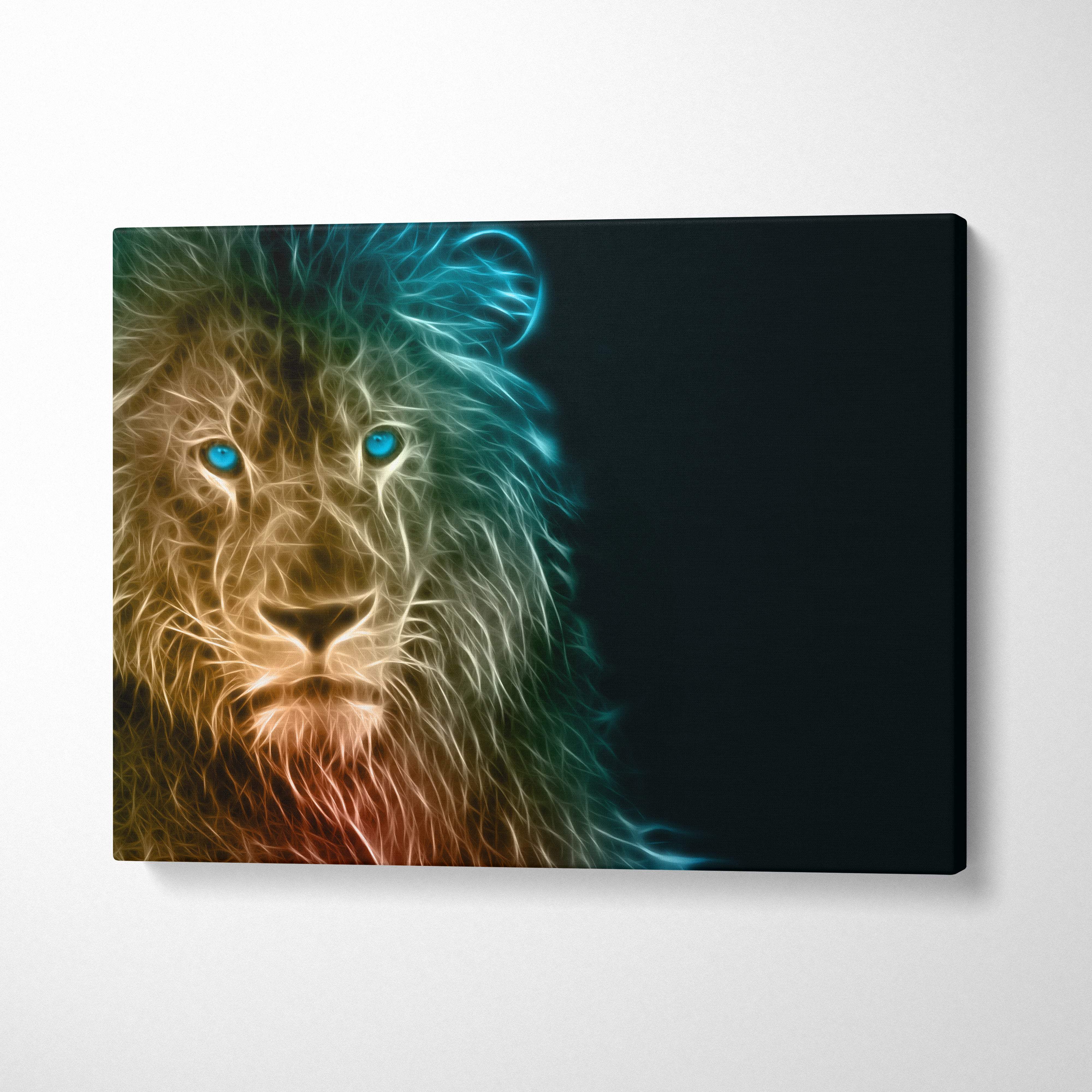 Neon lion canvas wall art print featuring a lion with glowing blue eyes and fiery gold and blue fur on black background