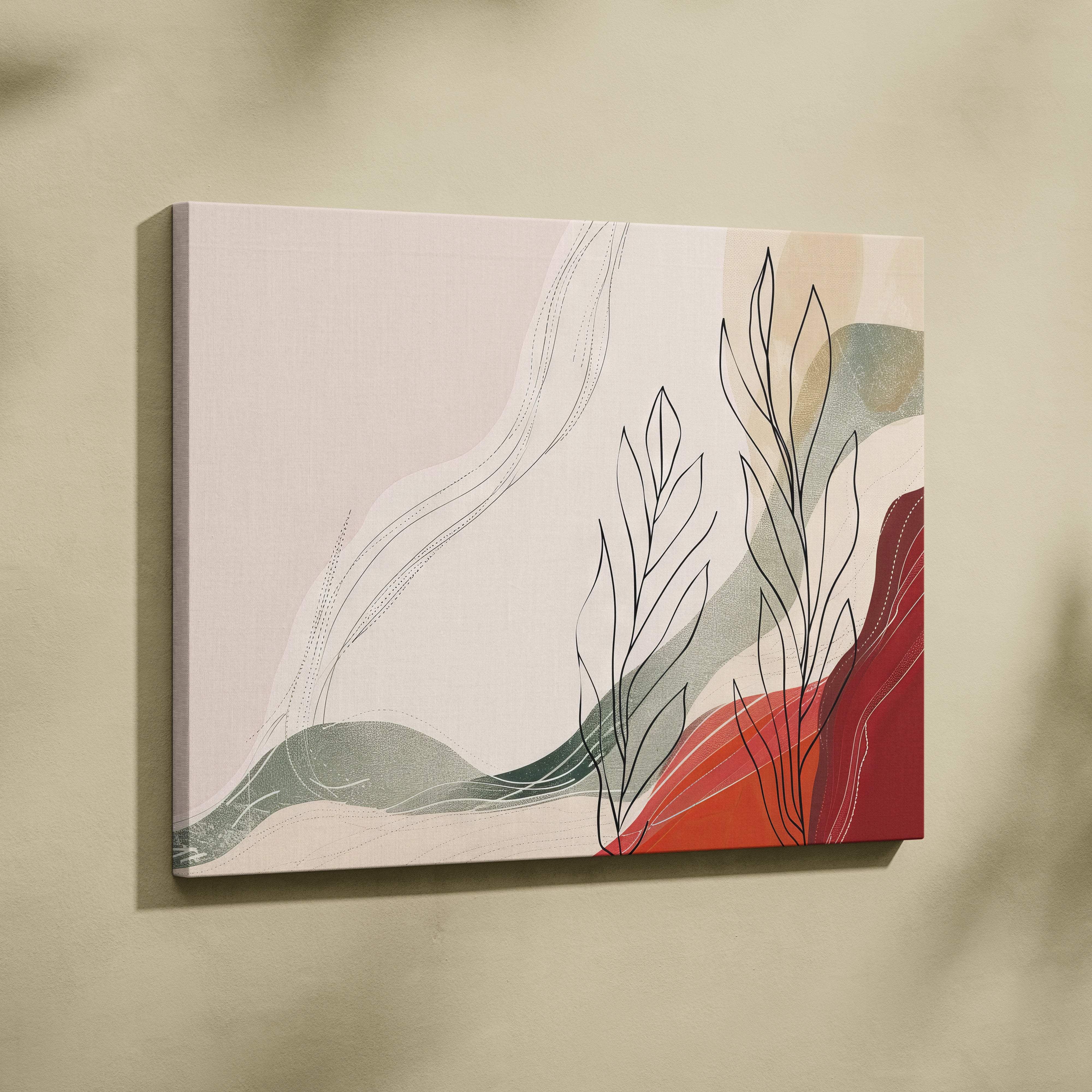 Modern abstract canvas wall art with minimalist black line botanical drawings on beige, sage green, and terracotta red gradient background
