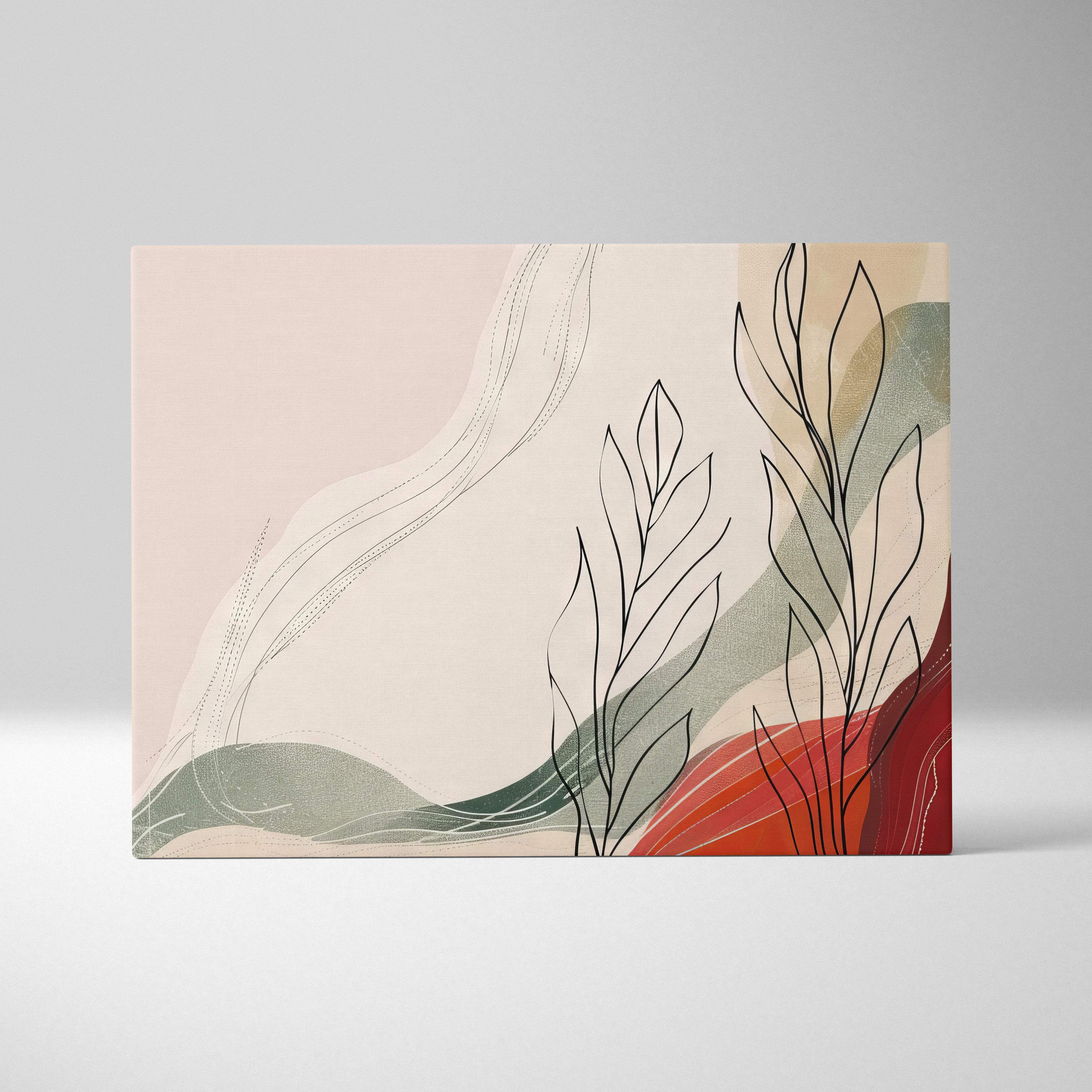 Modern abstract botanical canvas wall art with minimalist black plant lines on beige, sage green, and terracotta hues