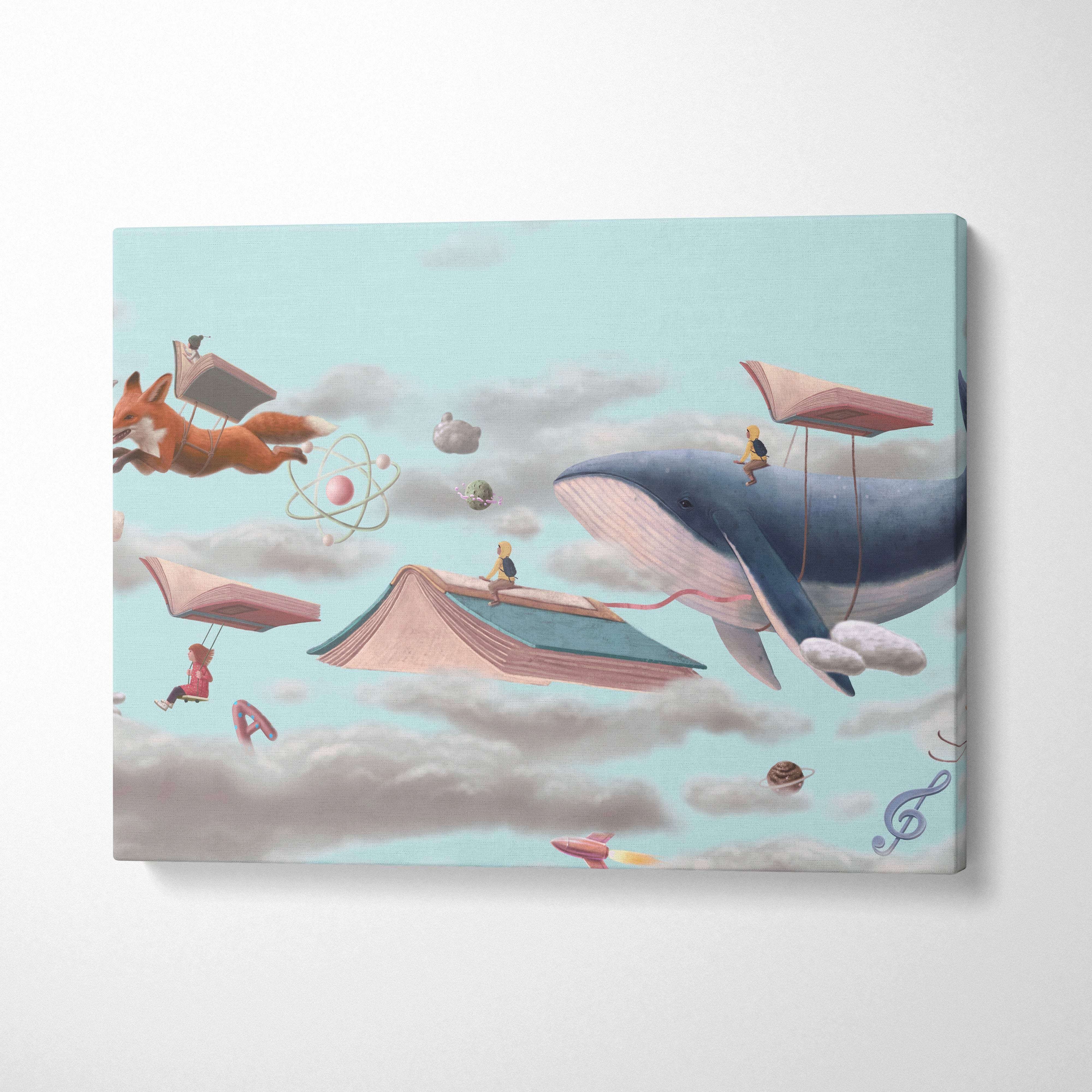 Contemporary flying books canvas wall art with a blue whale and fox floating among pastel clouds and musical notes