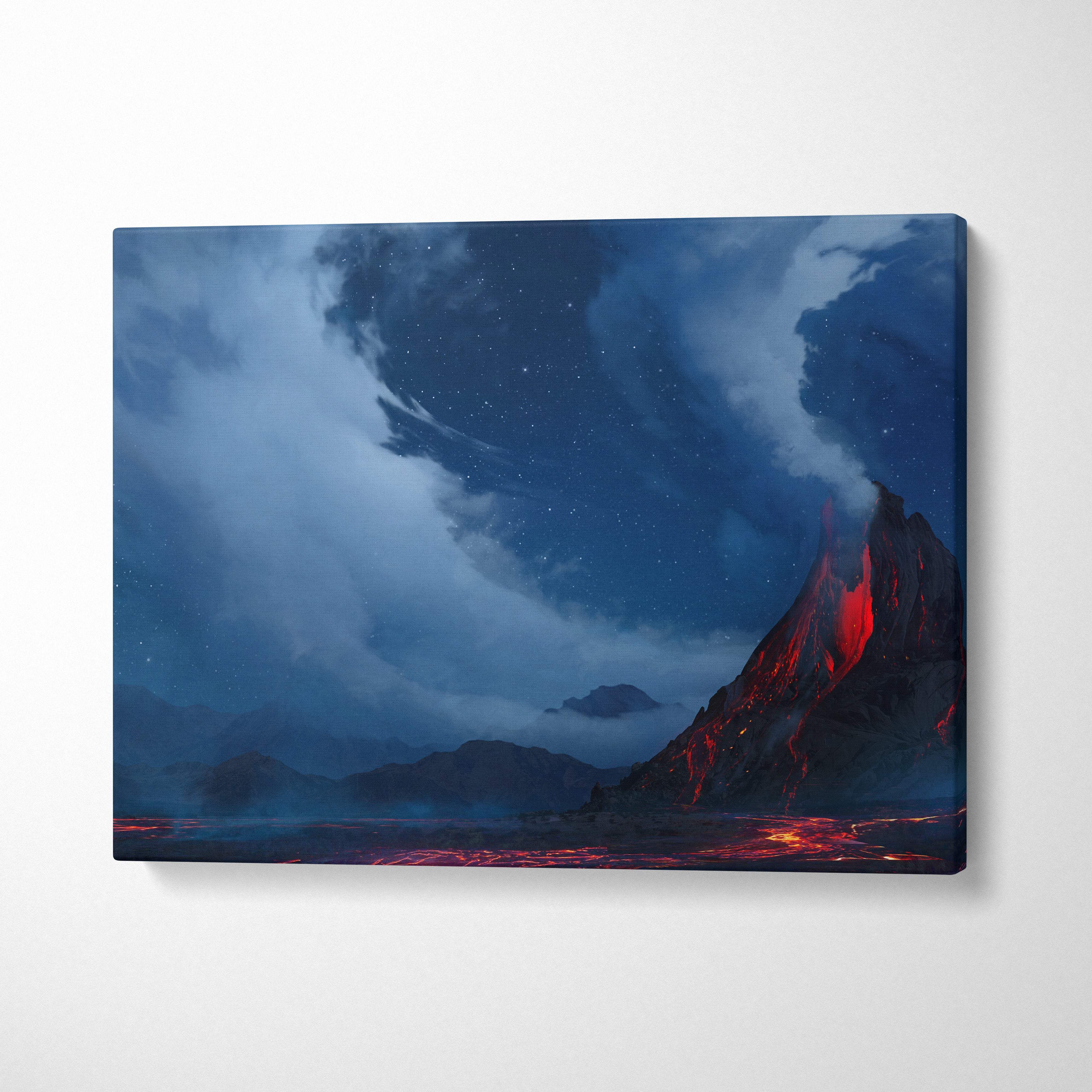 A canvas print of a dramatic volcanic lava landscape with blue and red night sky for fantasy nature decor