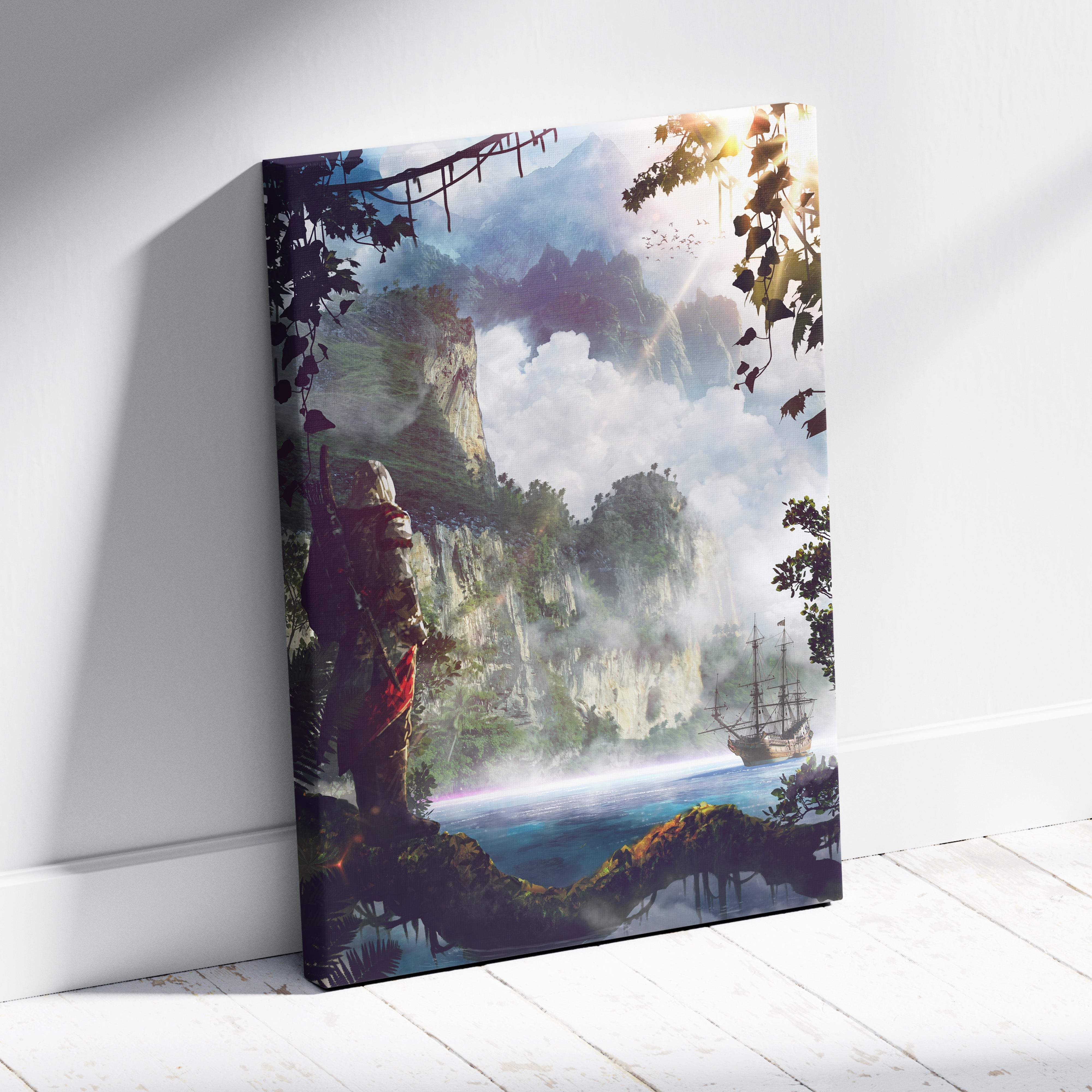 Fantasy pirate island canvas print with vibrant red armored figure on mossy rocks and misty mountains ship scene
