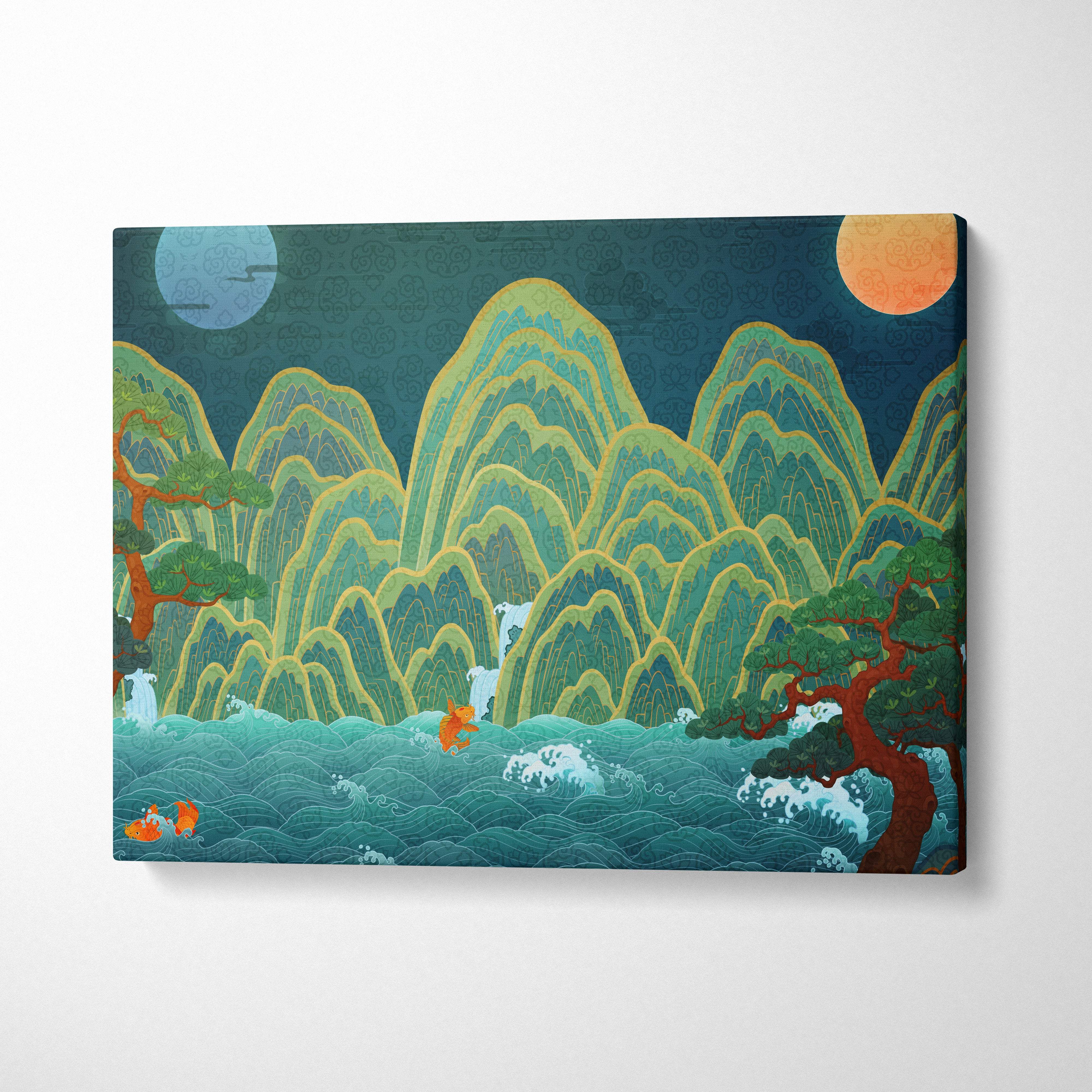 Asian landscape canvas wall art print with stylized green yellow mountains turquoise waves and red trees for serene decor