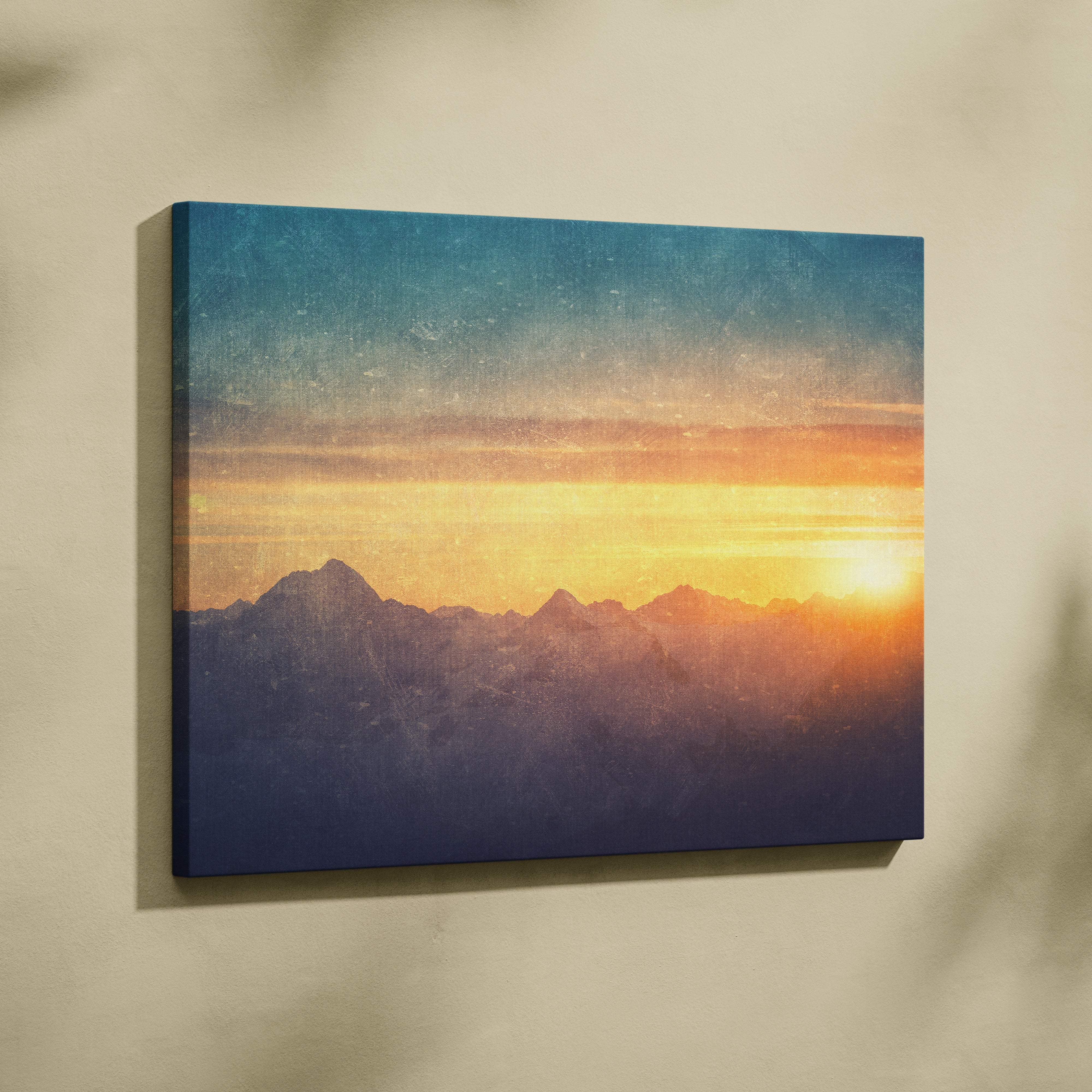 Rectangular canvas wall art print featuring a golden mountain sunset with teal orange hues for rustic living room decor