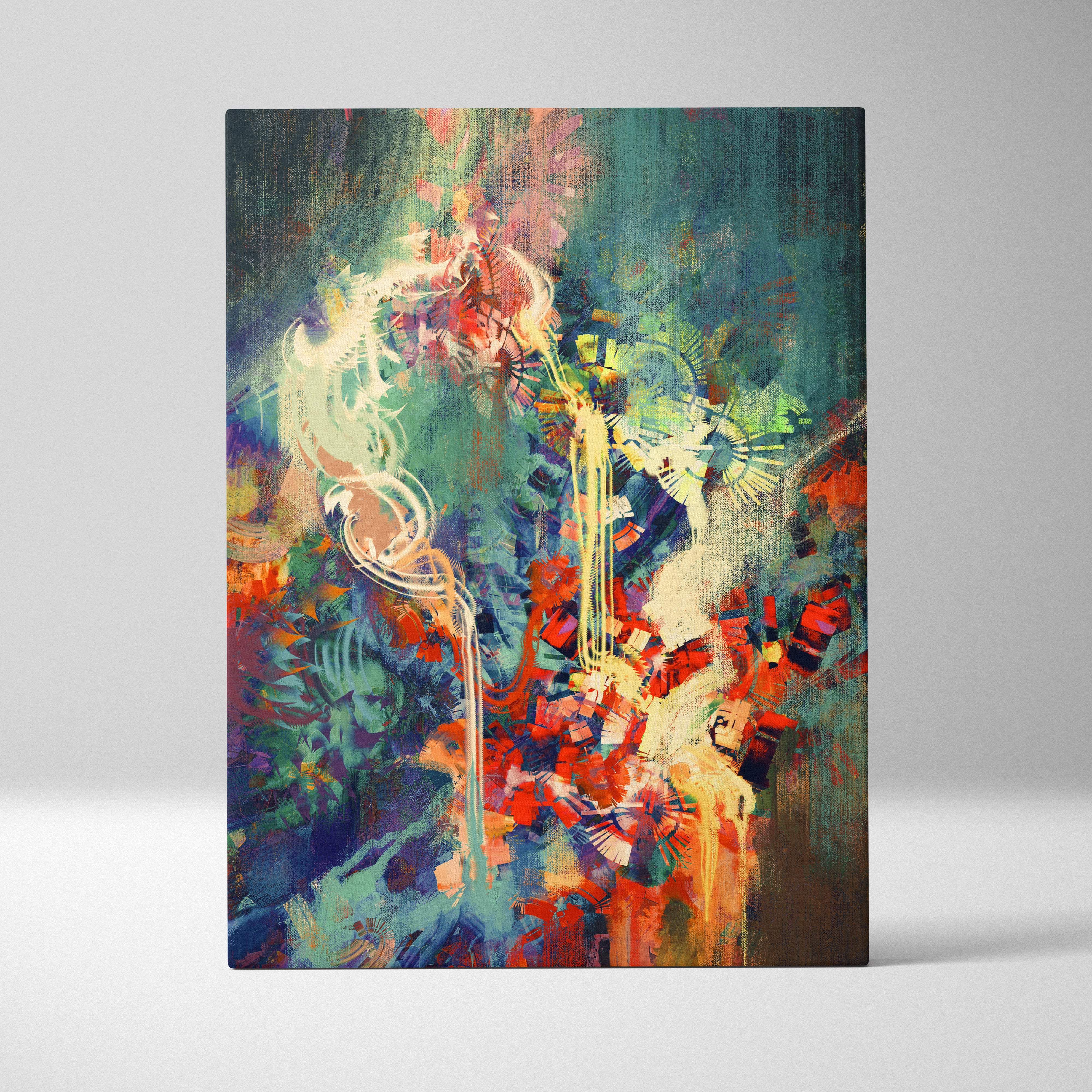Colorful abstract expressionist canvas art with swirling teal red and white forms on textured background for modern decor