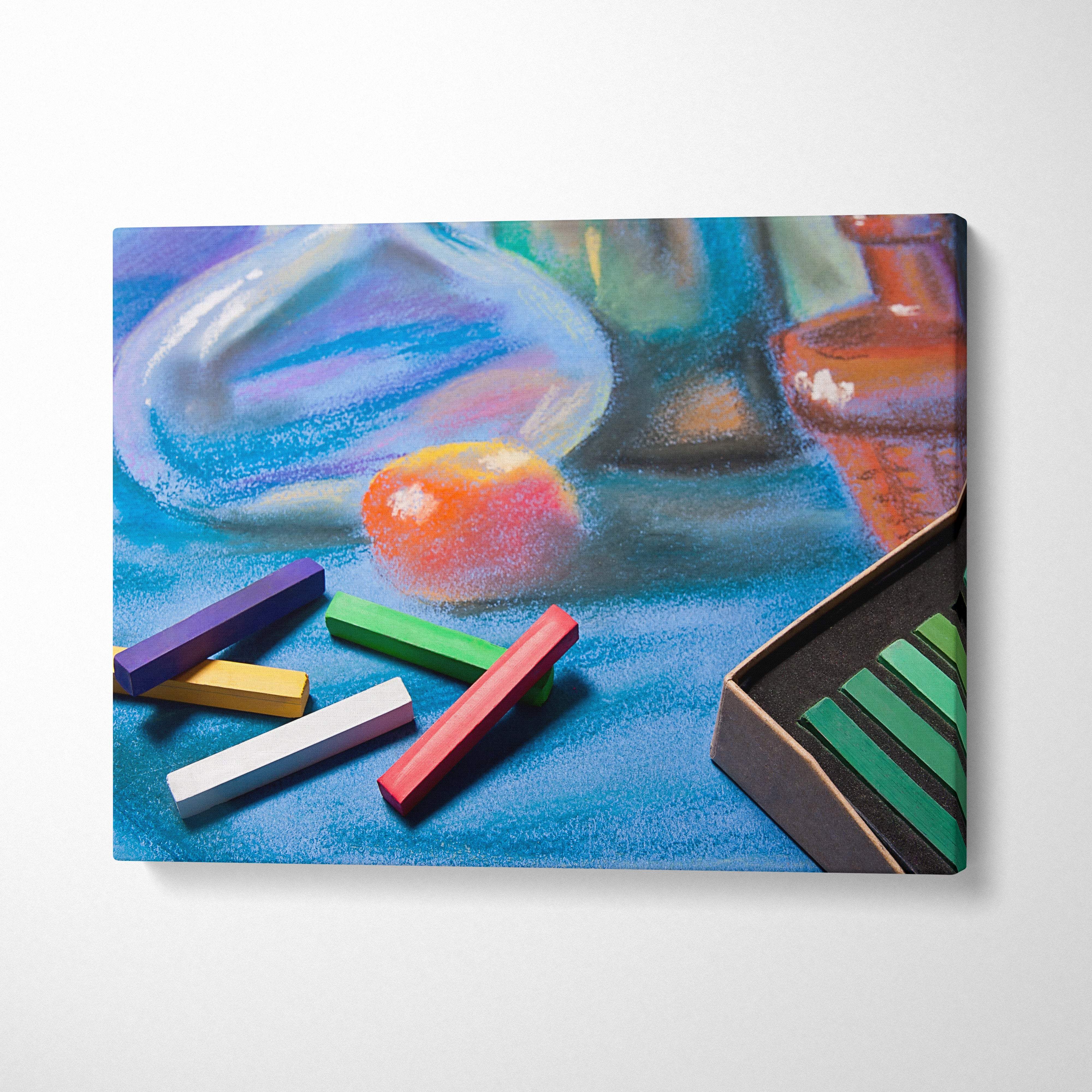A vibrant pastel chalk drawing of colorful still life with glassware and fruit on canvas for creative studio decor