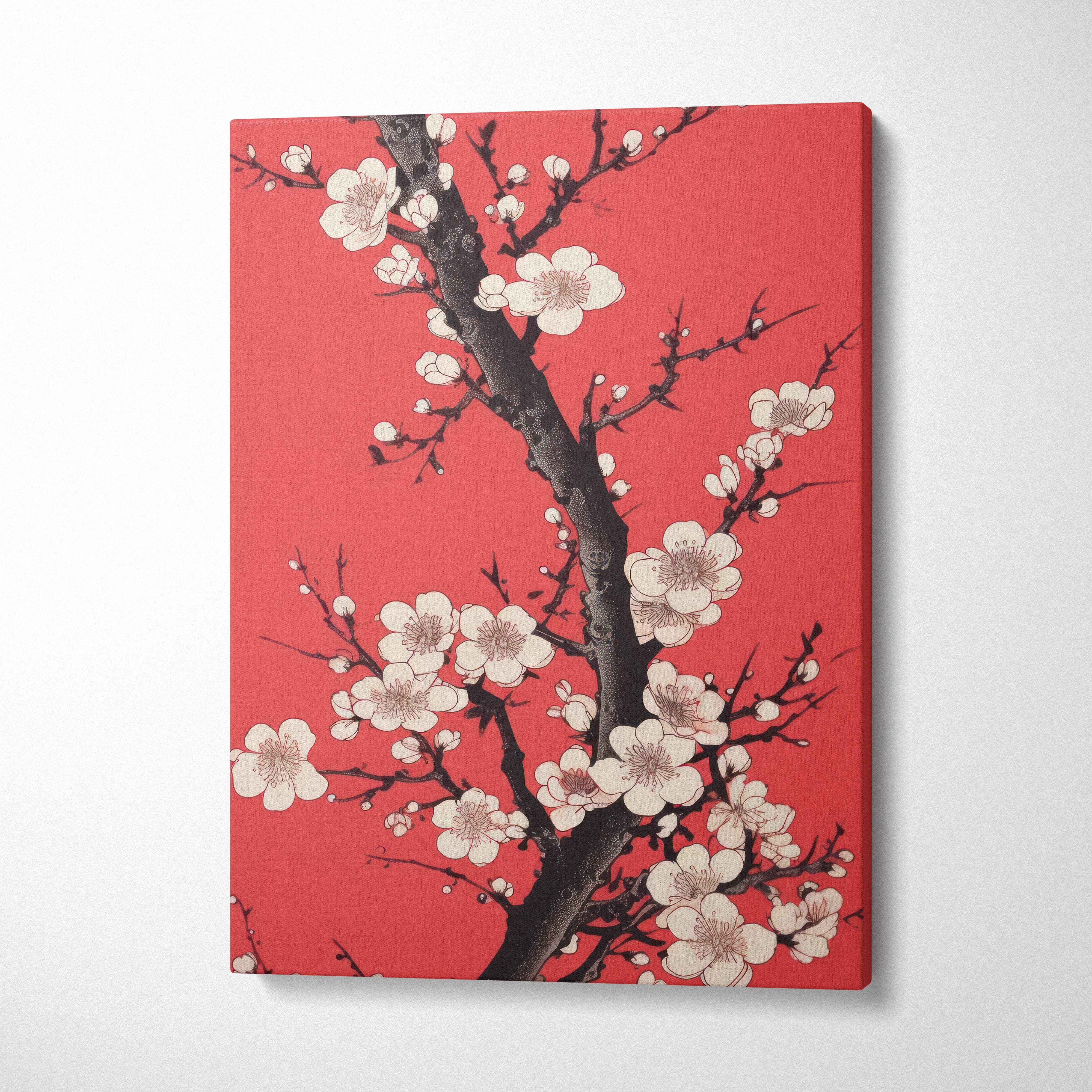 Red floral blossom canvas wall art with white cherry flowers and black branches in modern asian ink painting style