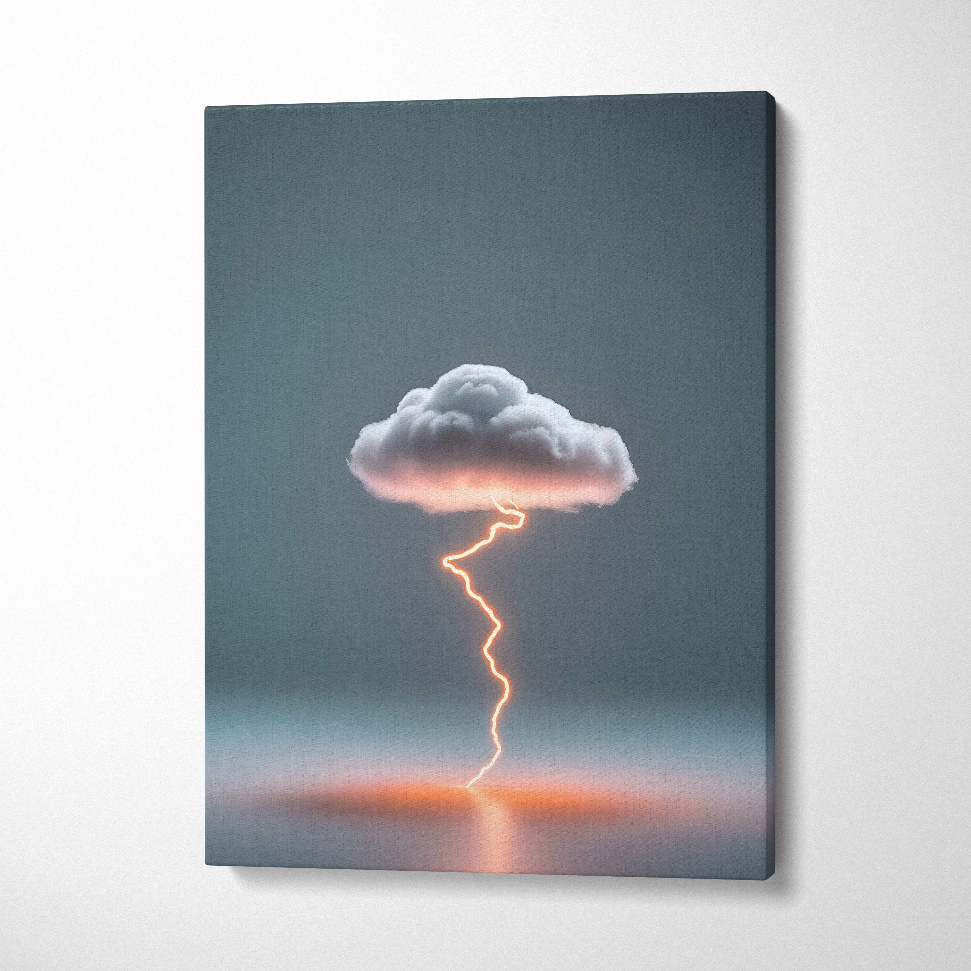 A canvas print featuring a minimalist thundercloud with a glowing orange lightning bolt on an orange horizon