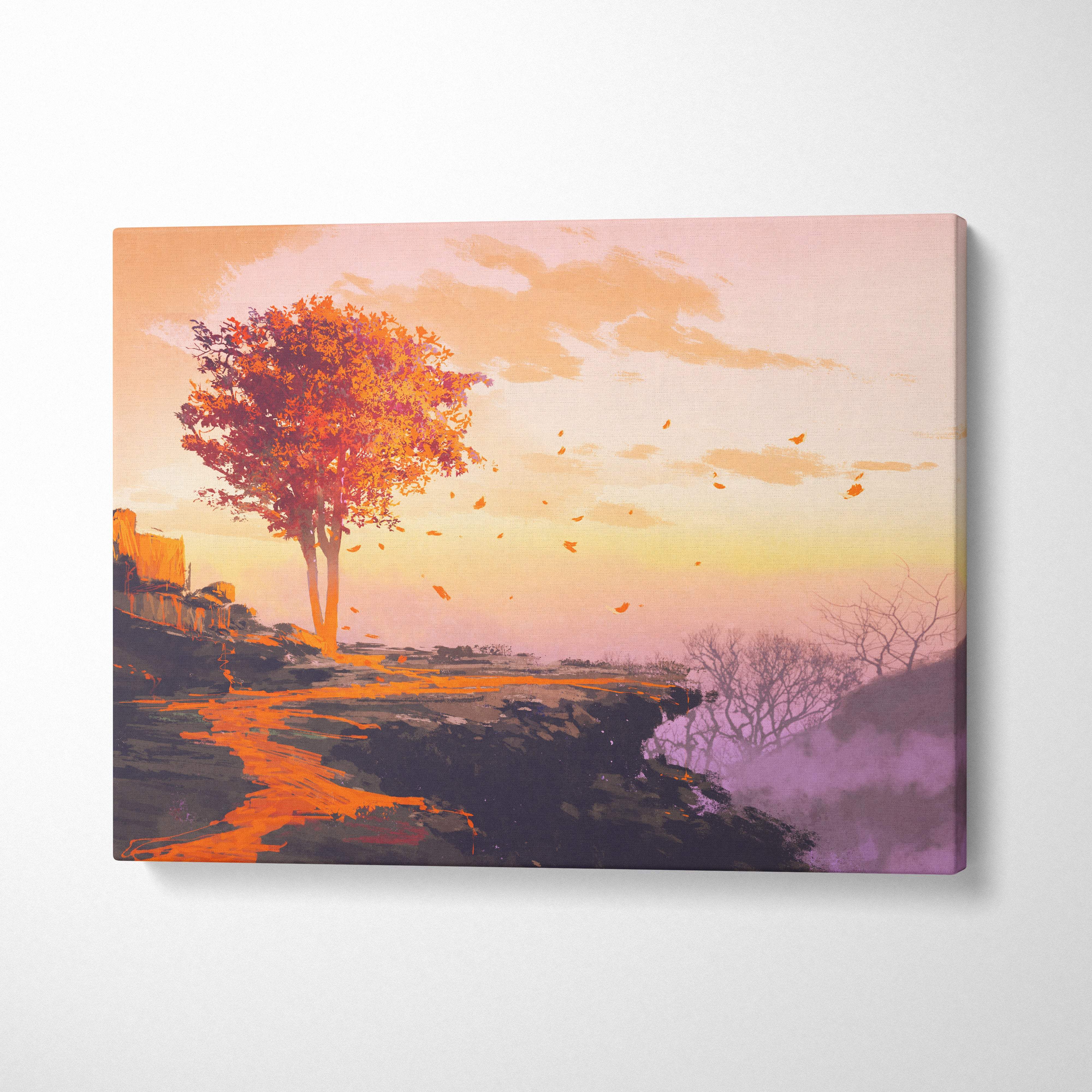 A canvas wall art of a solitary autumn tree with orange and red leaves against a pink and yellow sunset sky