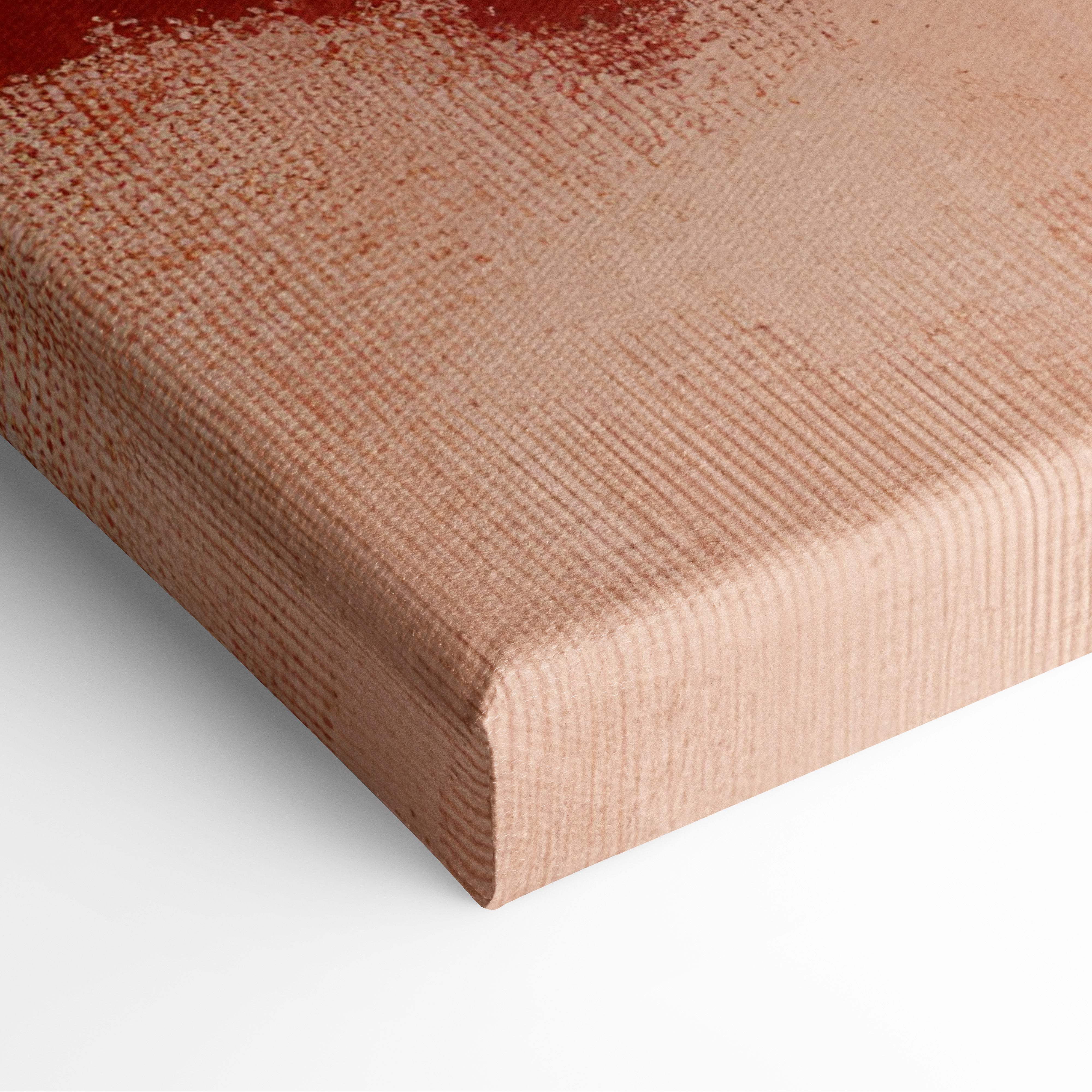Boho abstract botanical landscape canvas wall art with textured woven fabric in warm terracotta and deep red hues