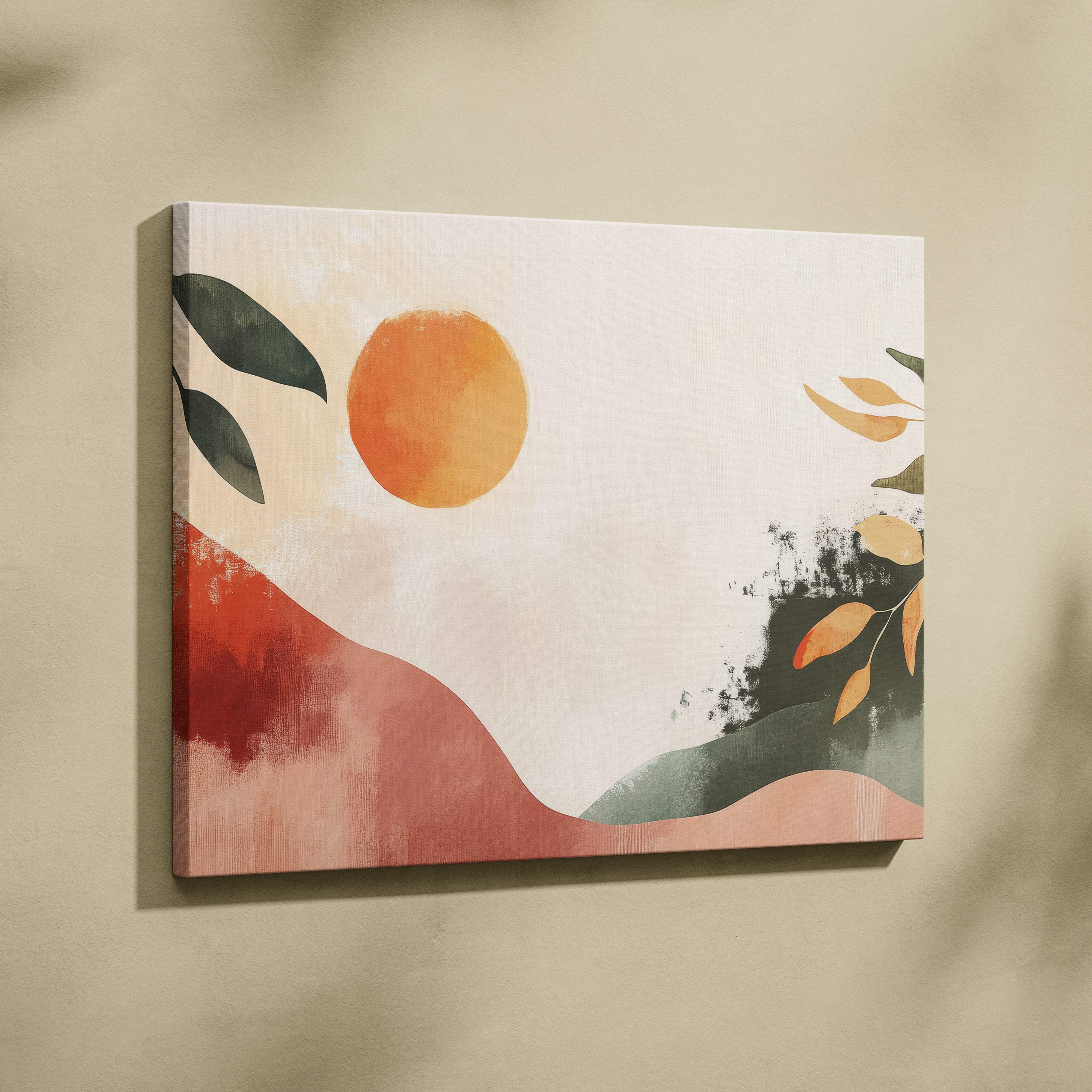Boho abstract botanical landscape canvas wall art with warm orange sun pink hills and green gold leaves on beige background