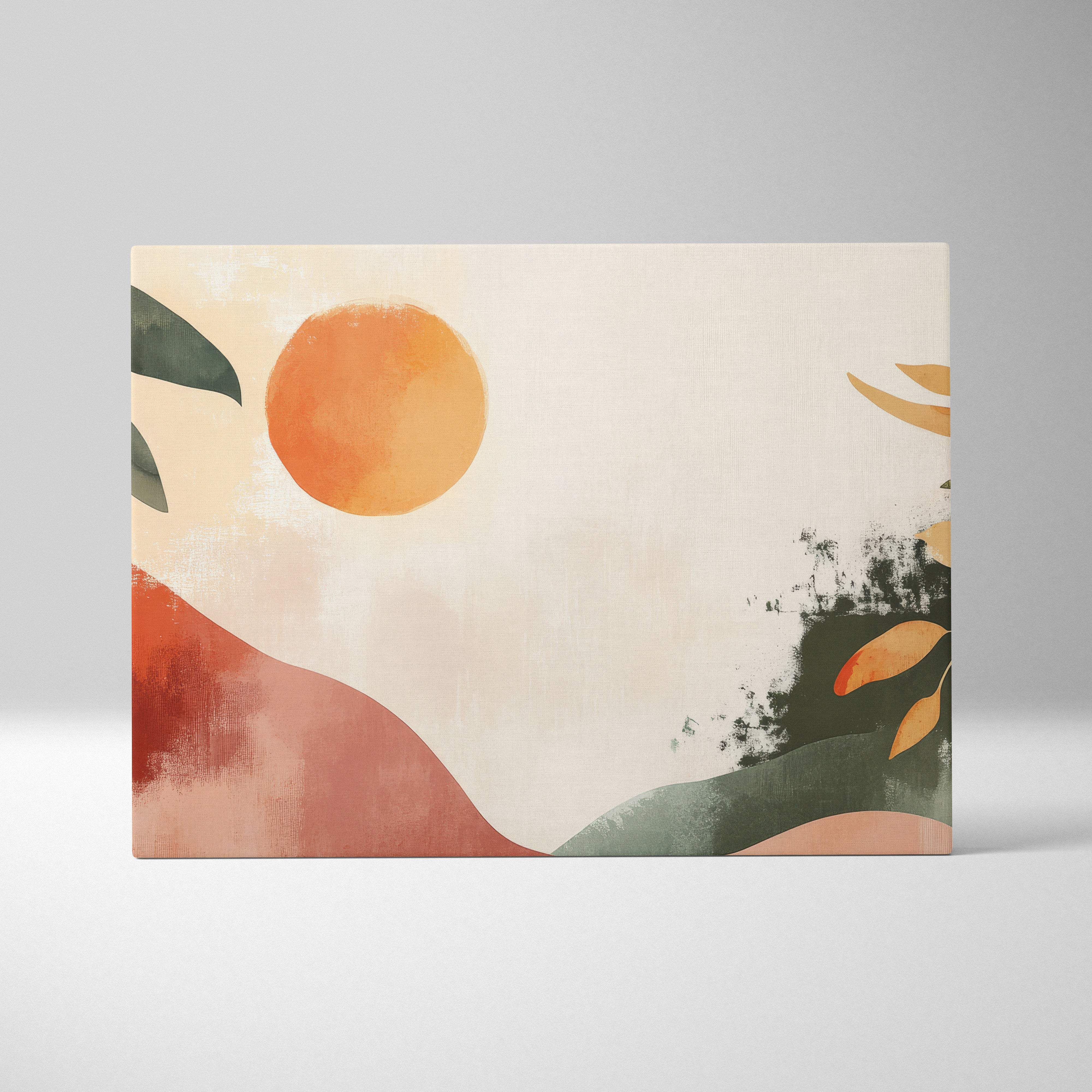 Boho abstract botanical landscape canvas wall art with orange sun terracotta olive green and warm beige for living room decor