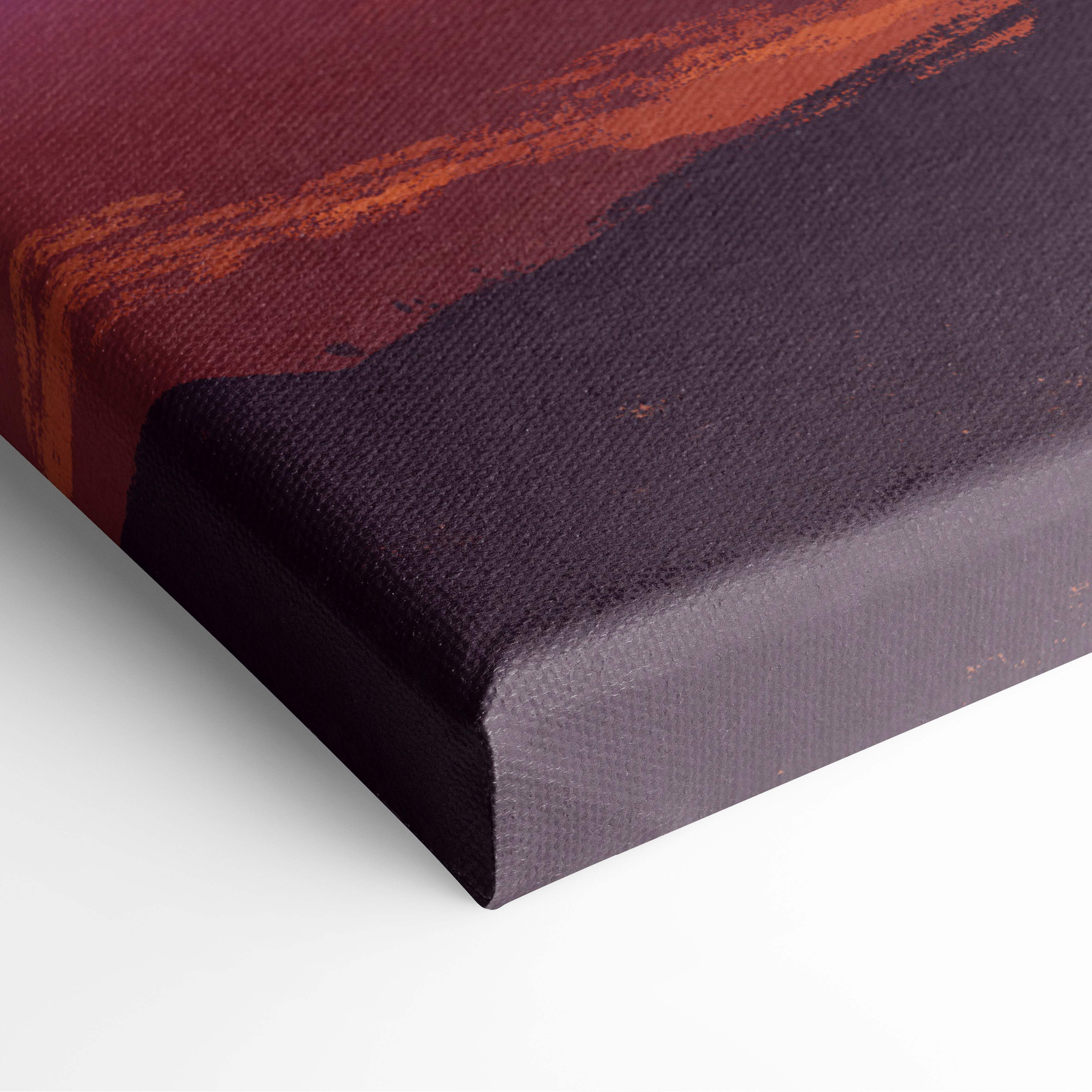 Futuristic sci-fi sunset canvas wall art with bold maroon and burnt orange brushstrokes on textured dark background