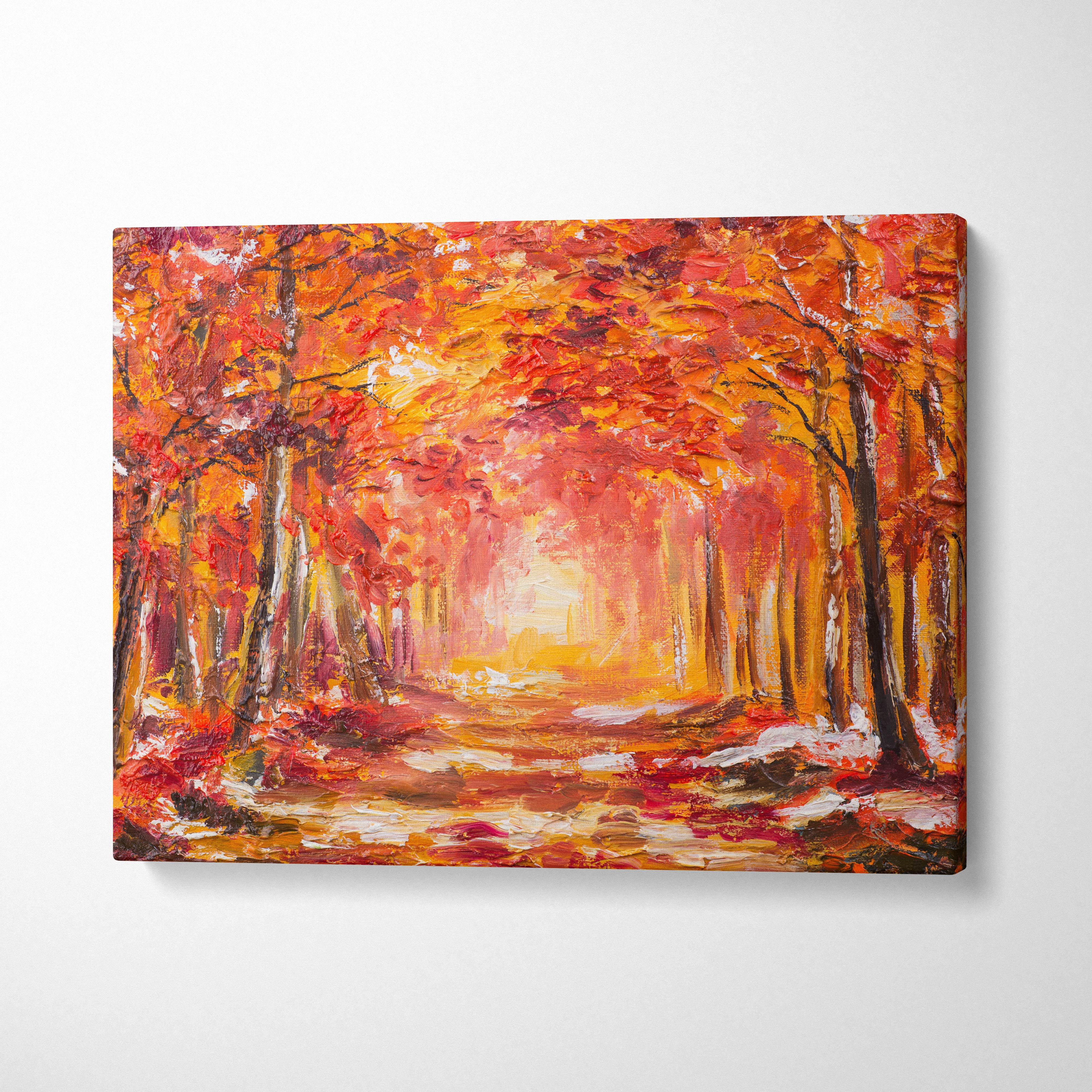 Fiery red autumn forest canvas wall art print featuring bold red orange and yellow leaves over sunlit path tunnel