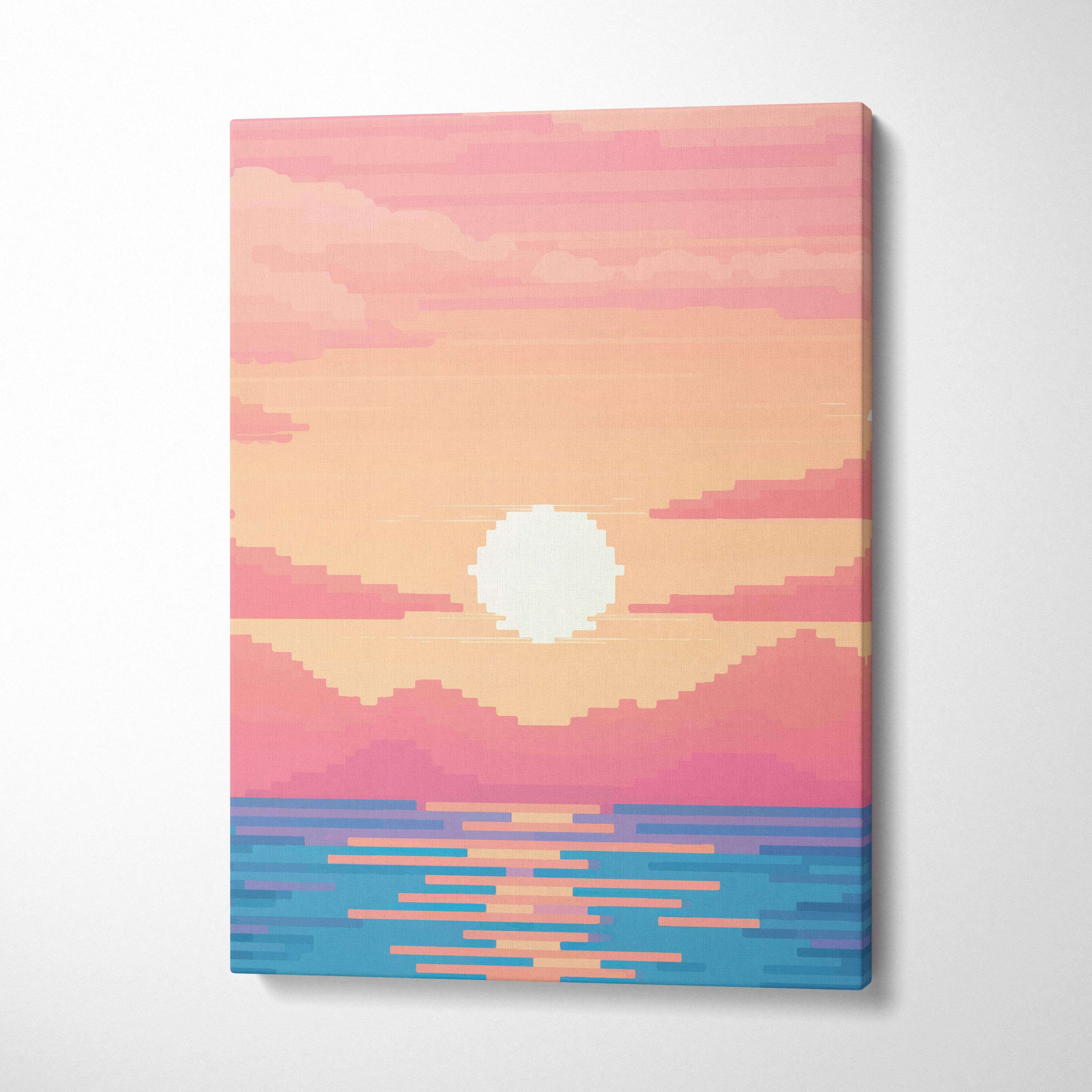 Pastel ocean sunset pixel art canvas print with white sun over pink orange skies and blue water coastal decor