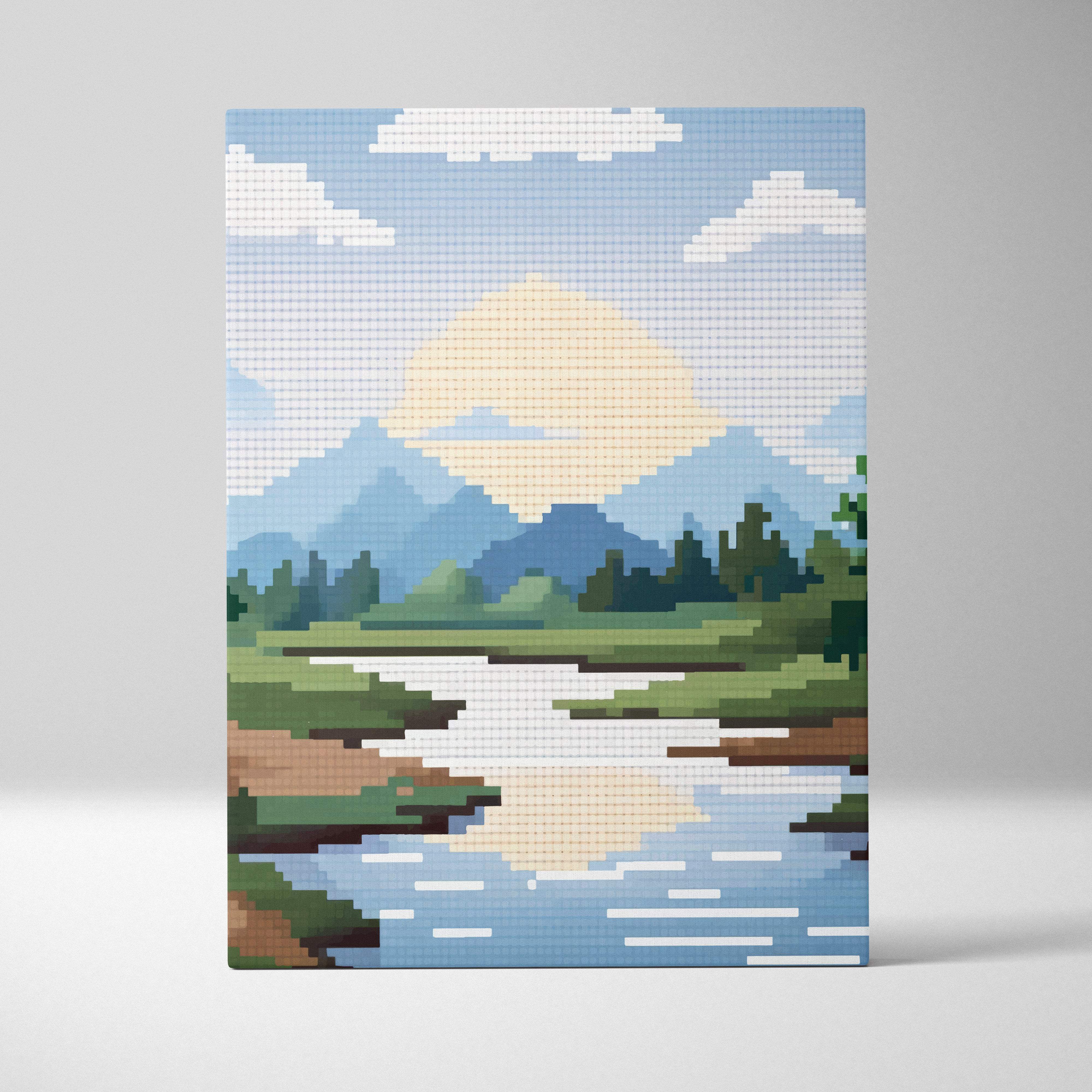Mountain lake pixel art canvas print featuring a serene sunset over blue peaks green forests and reflective water tiles