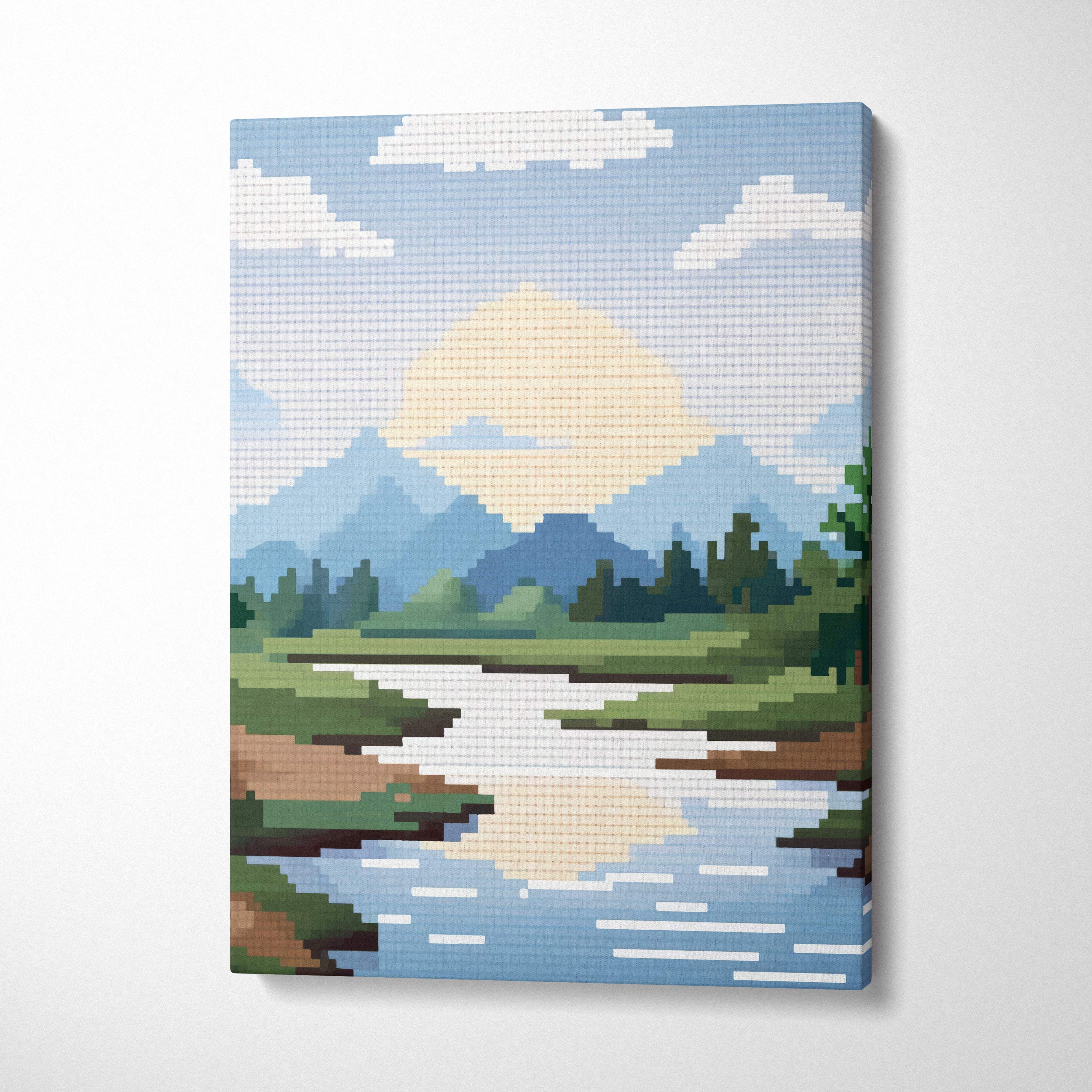 Mountain lake pixel art canvas print with serene pixelated mountain range river sky in soft blues greens and warm yellows