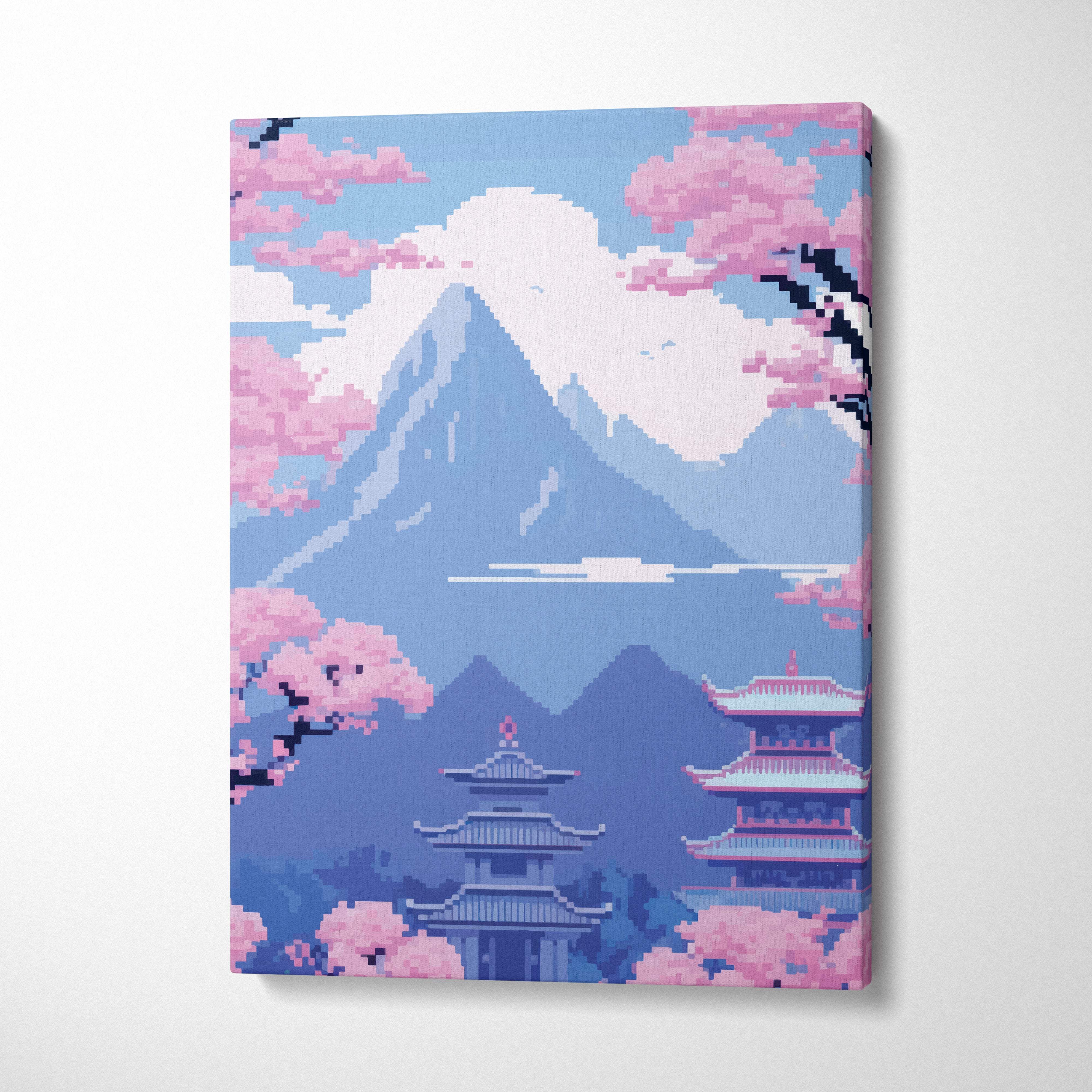 Pixel art canvas print of blue mount fuji pagoda with pink cherry blossoms and serene sakura landscape decor