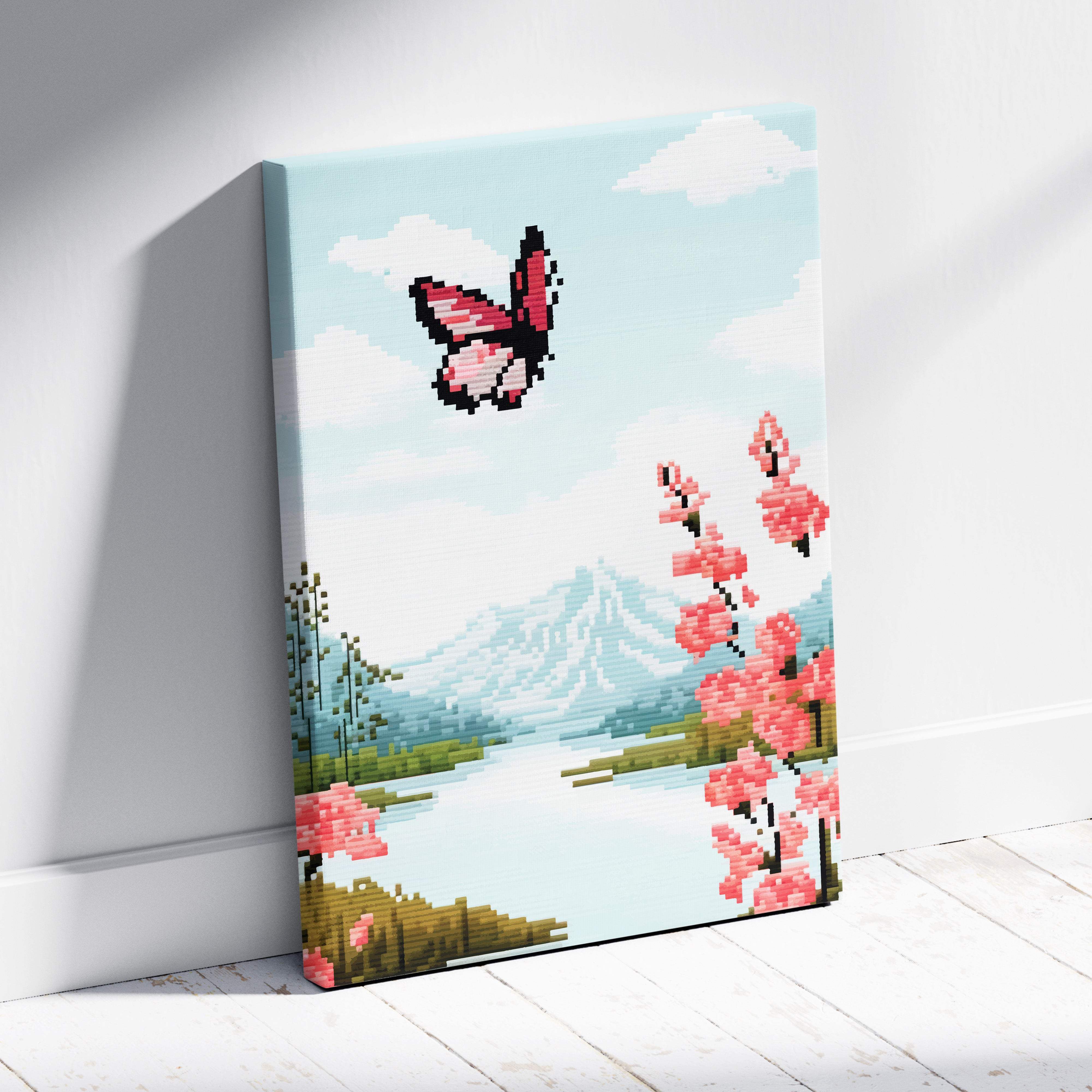 Butterfly lake pixel art canvas print with a pink butterfly over cherry blossoms and mountains in vibrant colors