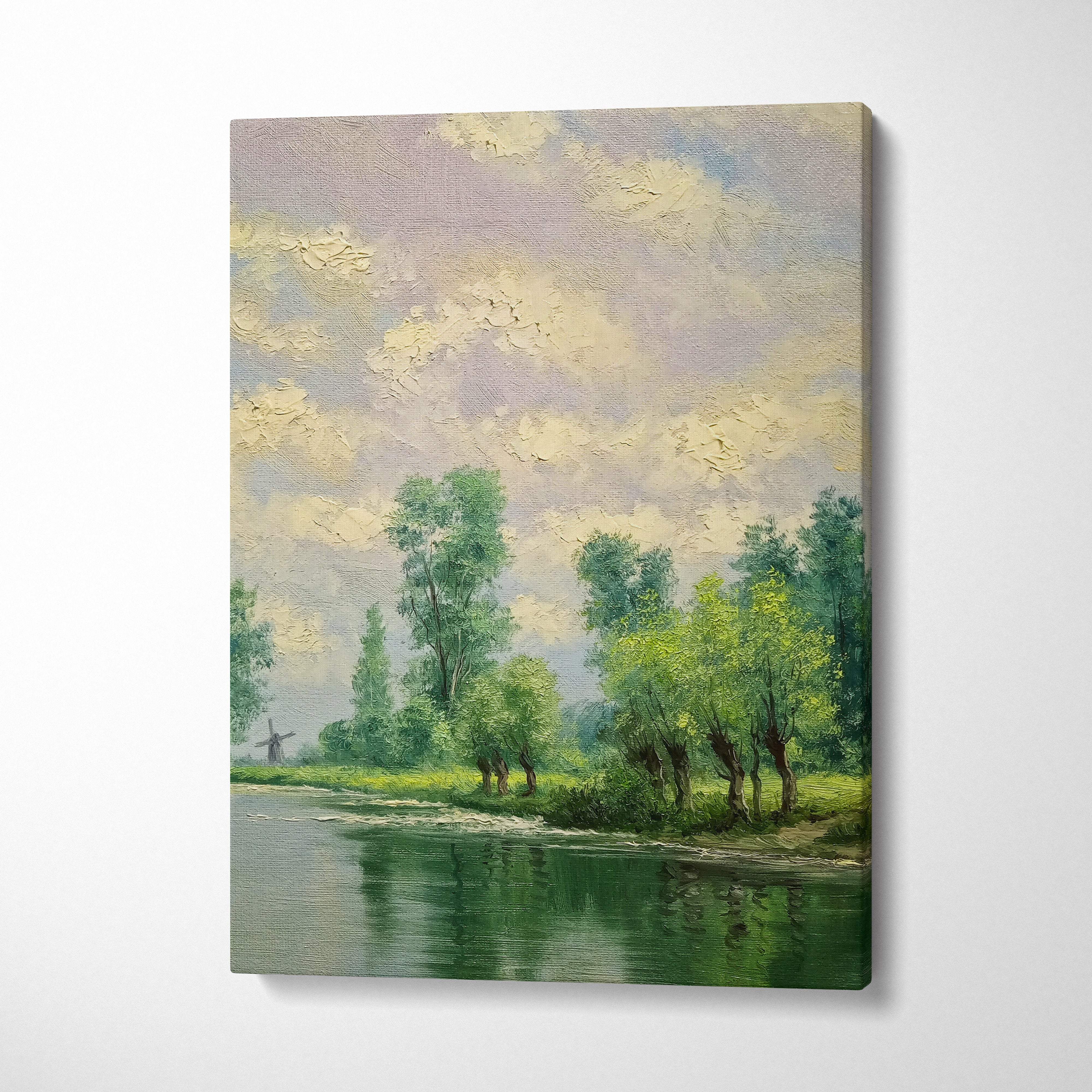 Textured canvas painting of a tranquil riverside landscape with lush green trees and soft pastel impressionist clouds