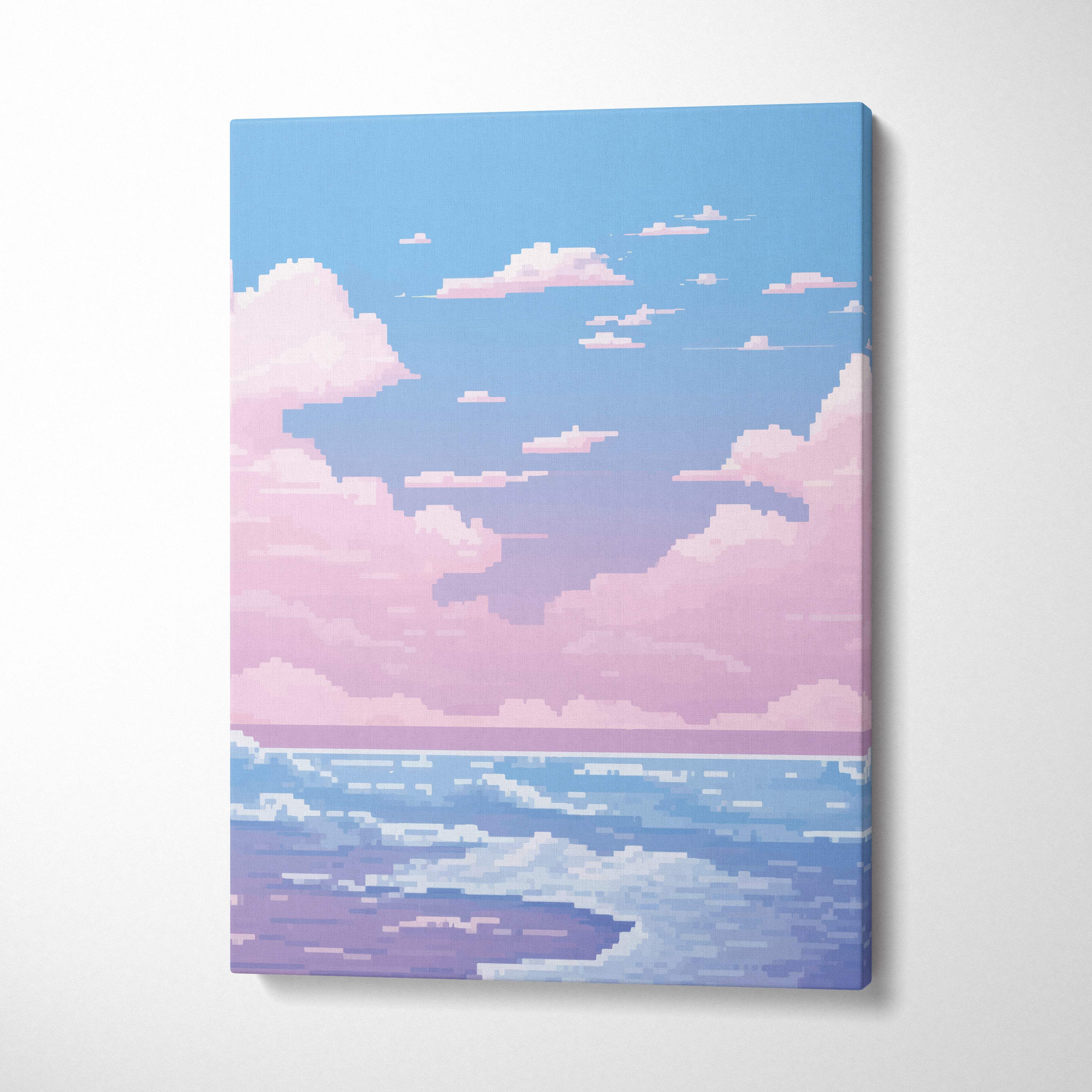Pastel ocean pixel art canvas print showing a serene pink and blue cloud seascape in retro game style coastal decor