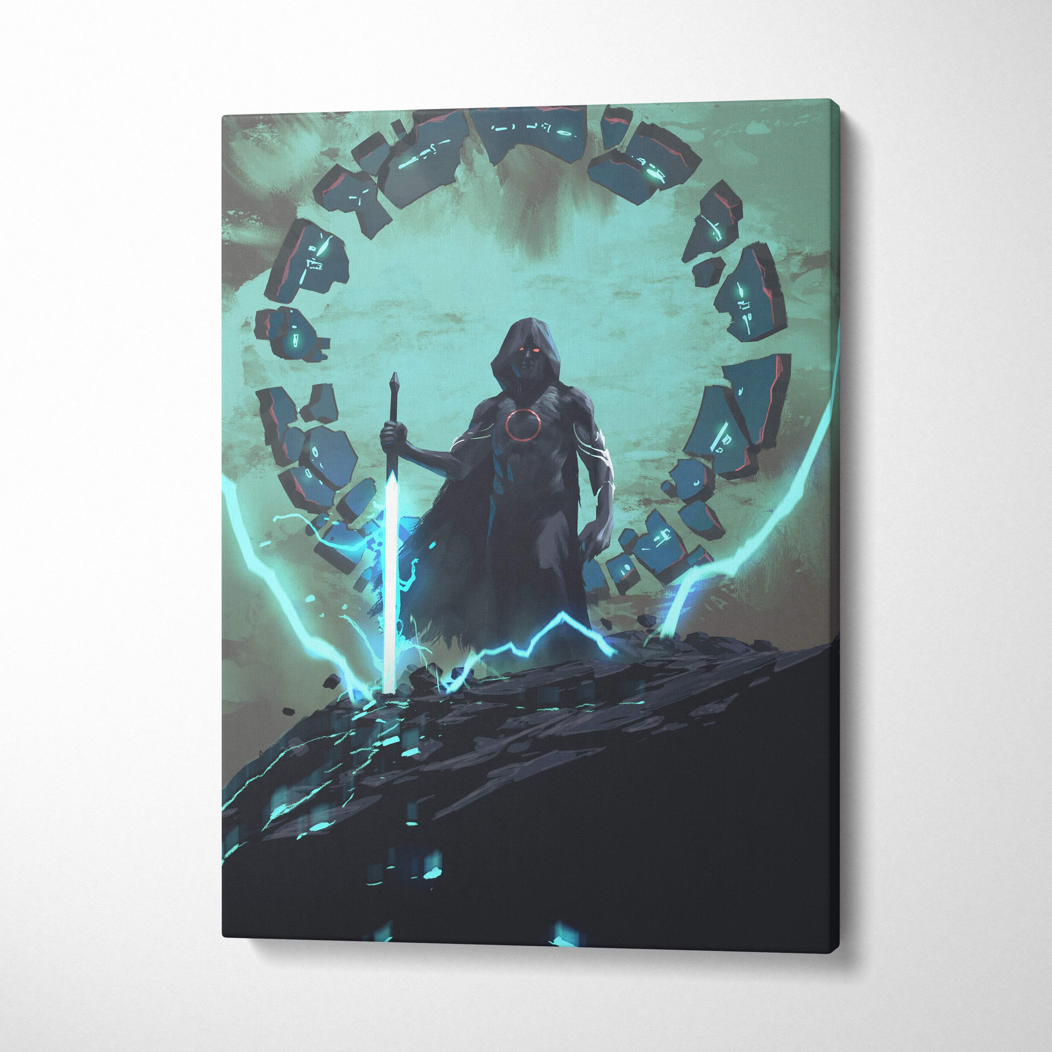 Teal black mystic warrior canvas wall art featuring a dark-robed figure with glowing sword and blue sci fi aura