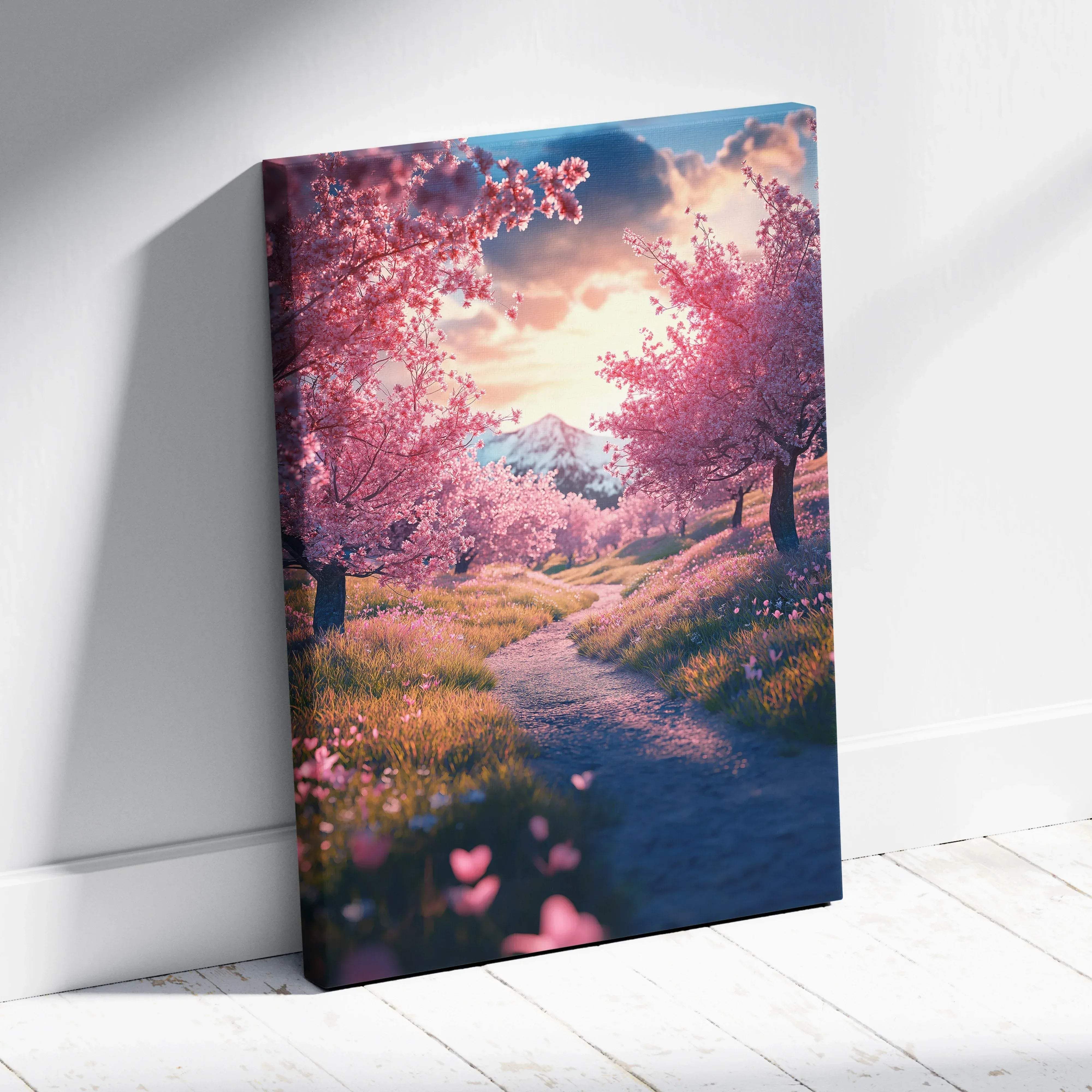Canvas print of romantic pink cherry blossoms along sunset path with mountains