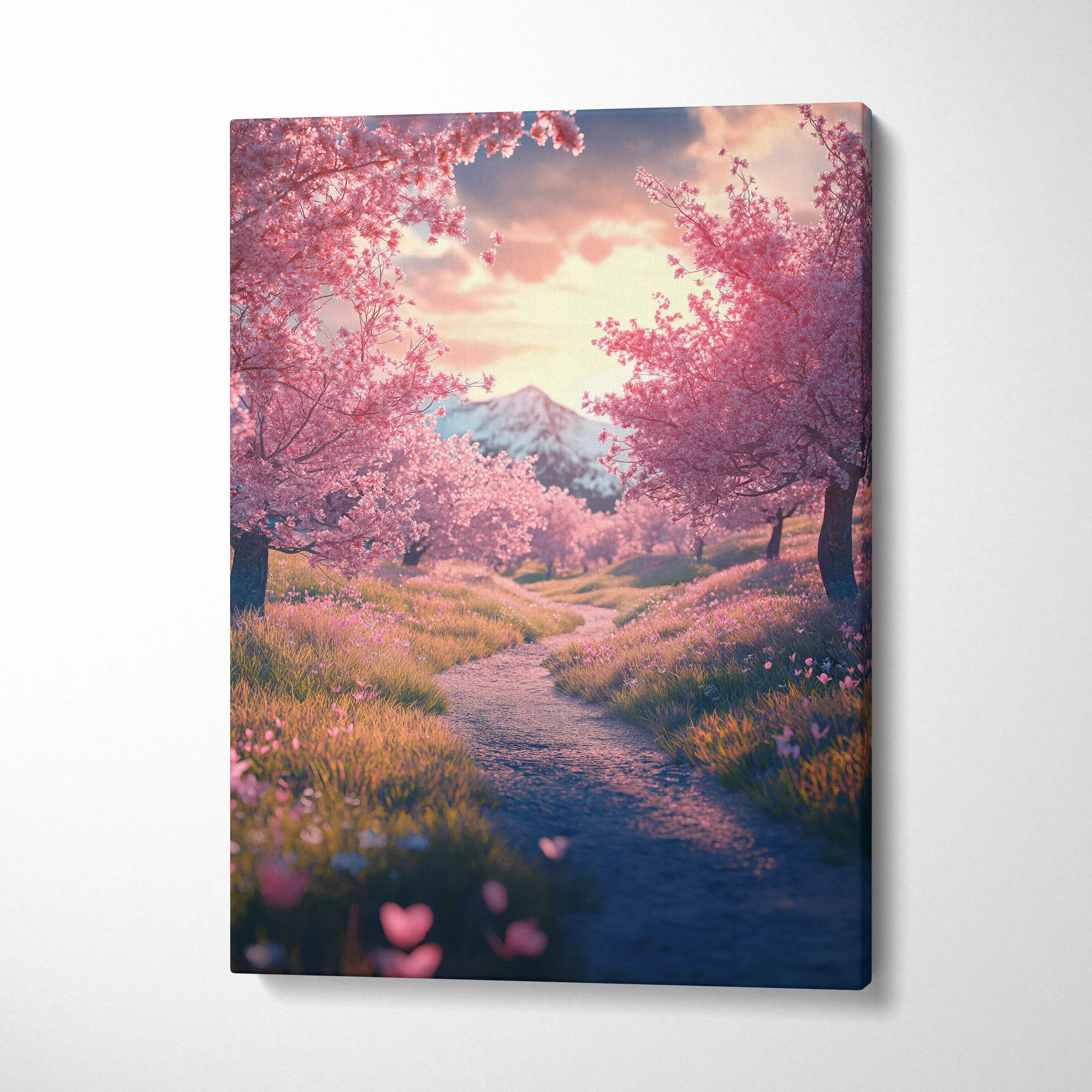 Canvas print of romantic cherry blossom path at sunset, serene pink landscape