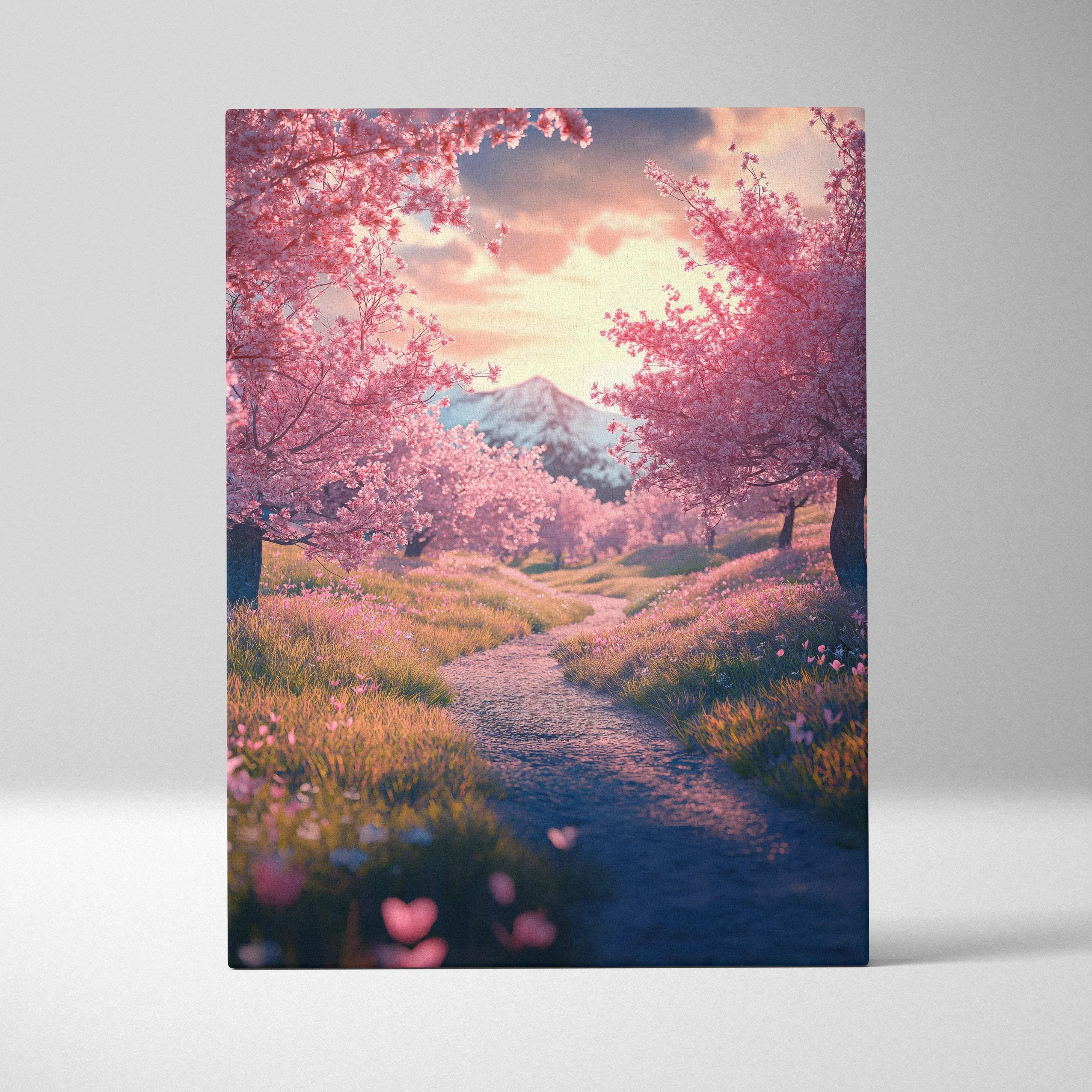 Canvas print of romantic pink cherry blossoms along sunset path to mountains