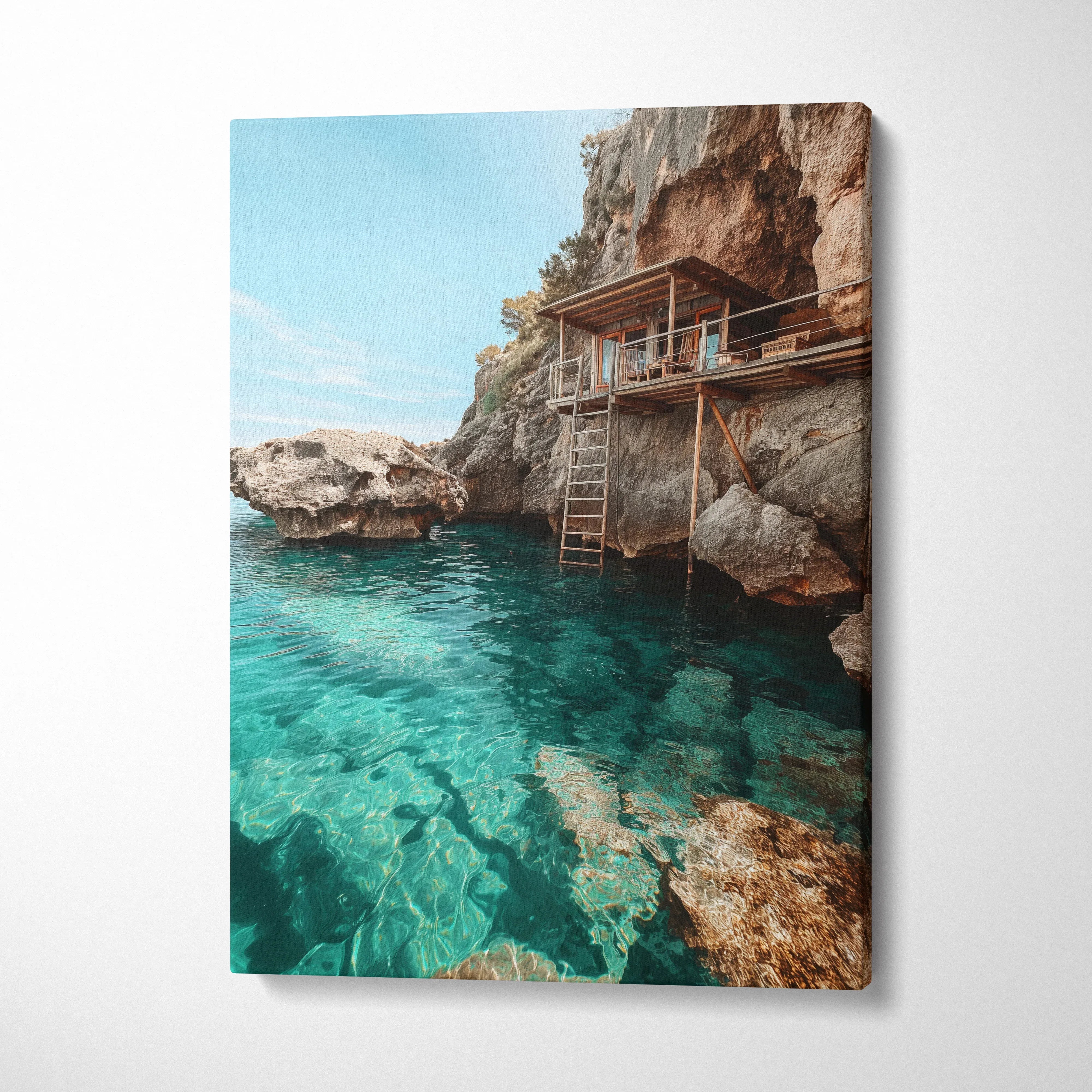 Canvas wall art featuring a serene beach scene with clear turquoise water and rocky cliffs with a wooden structure.
