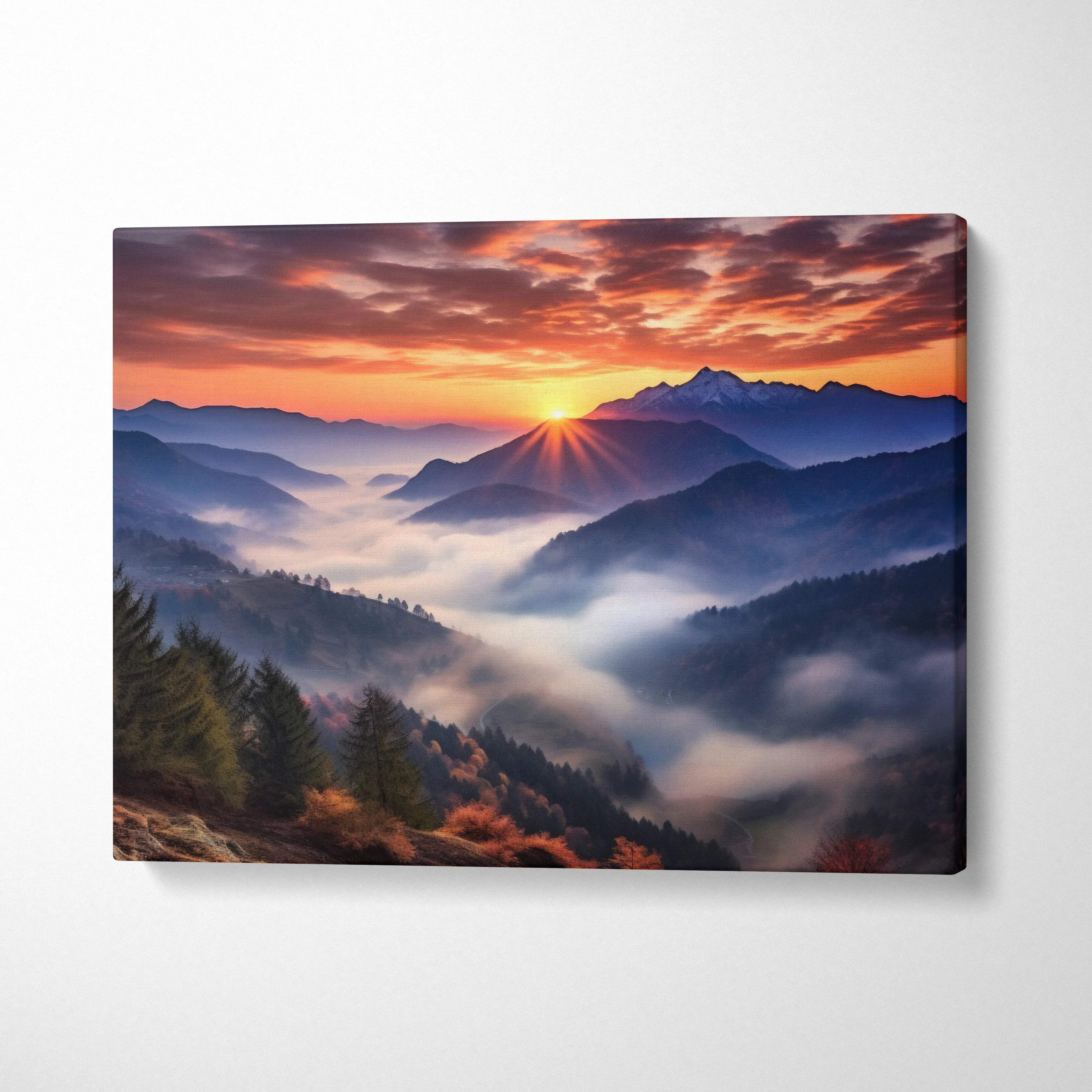 Canvas wall art of mountain sunrise over foggy alpine peaks