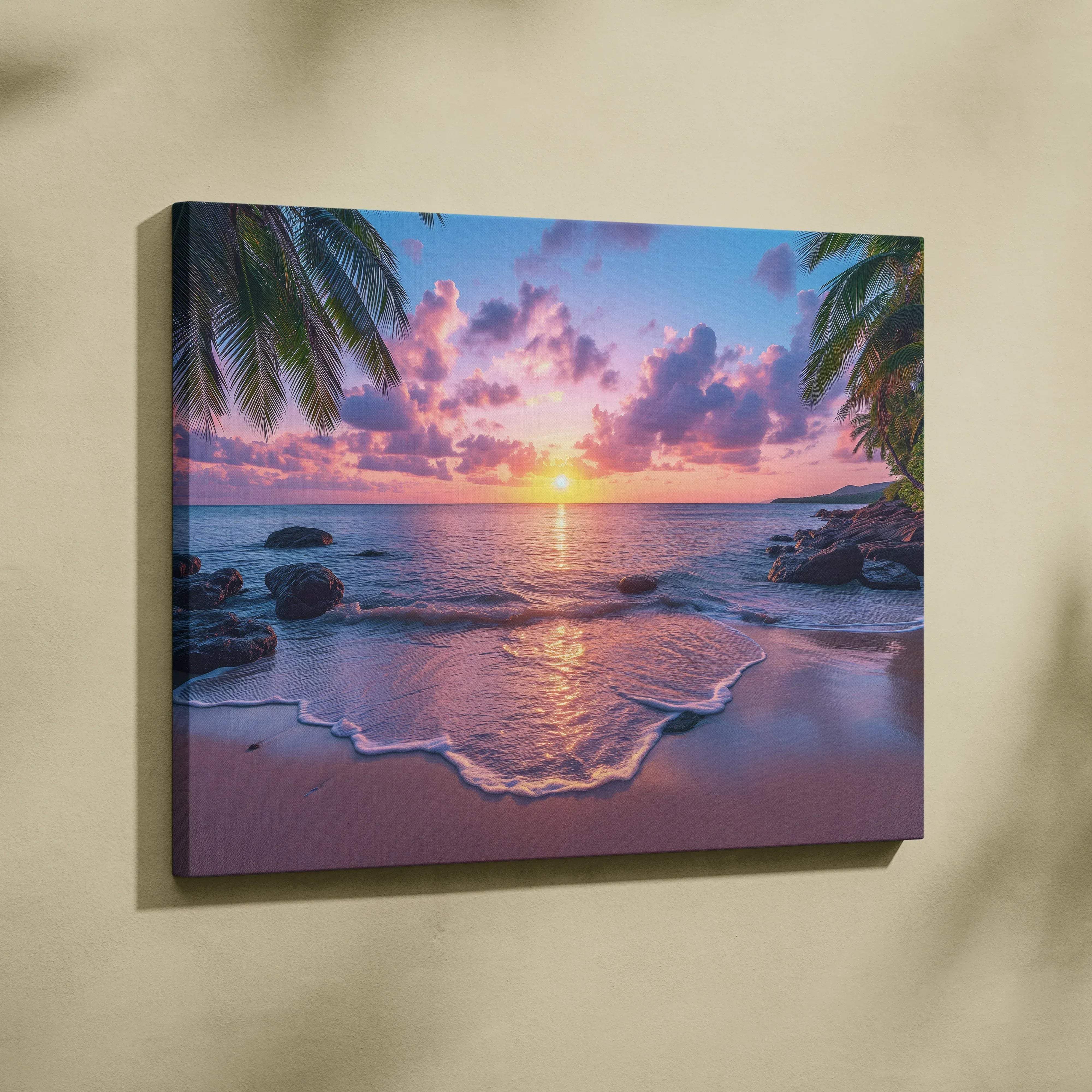 Pastel sunset beach scene canvas wall art with vibrant pink and purple tropical clouds and palm fronds over calm shore
