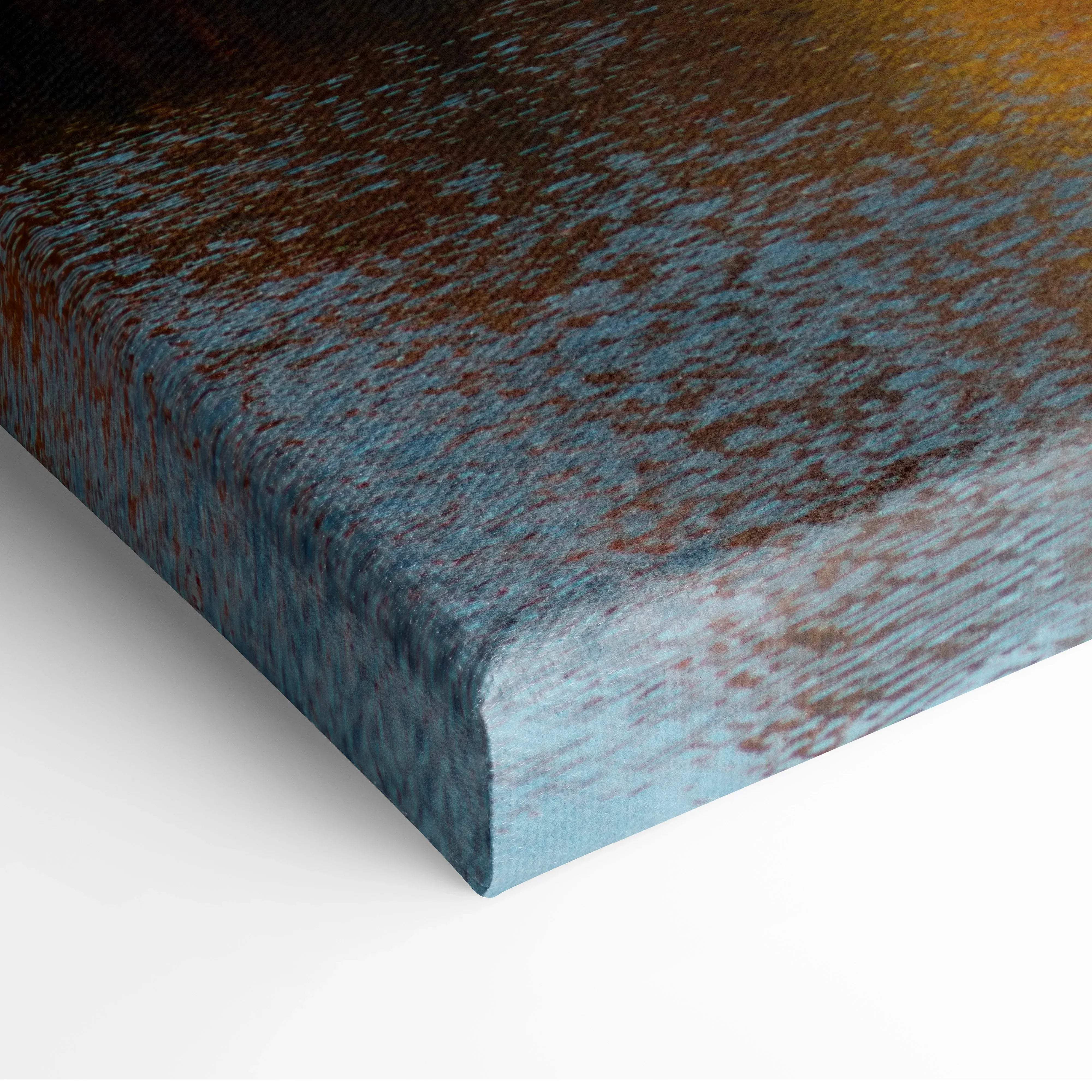 Canvas wall art with a textured rusted metal finish in teal and brown for warm autumn cozy home decor